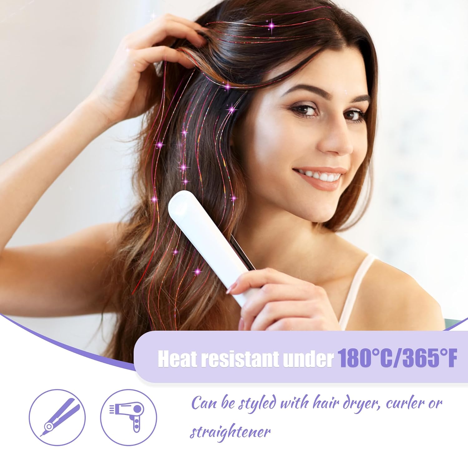 Kit de oropel con clip, 6 extensiones de cabello de oropel con clip, resistentes al calor de hadas con purpurina, accesorios para el cabello