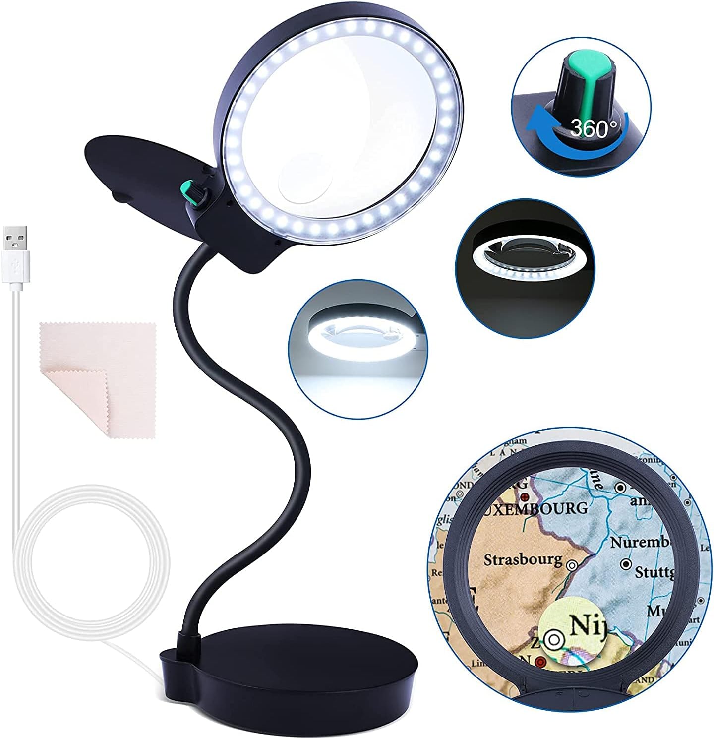 Lupa con luz y soporte, lámpara de escritorio con aumento de 10 x 20 x con brillo regulable sin escalones, cuello de cisne ajustable para leer,