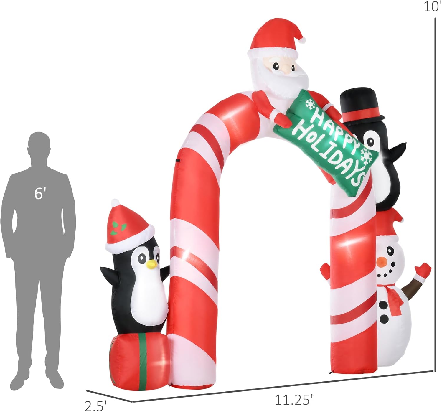 HOMCOM Inflables gigantes de Navidad de 10 pies para decoración al aire libre, arco con Papá Noel y pingüino, decoración de Navidad LED inflable