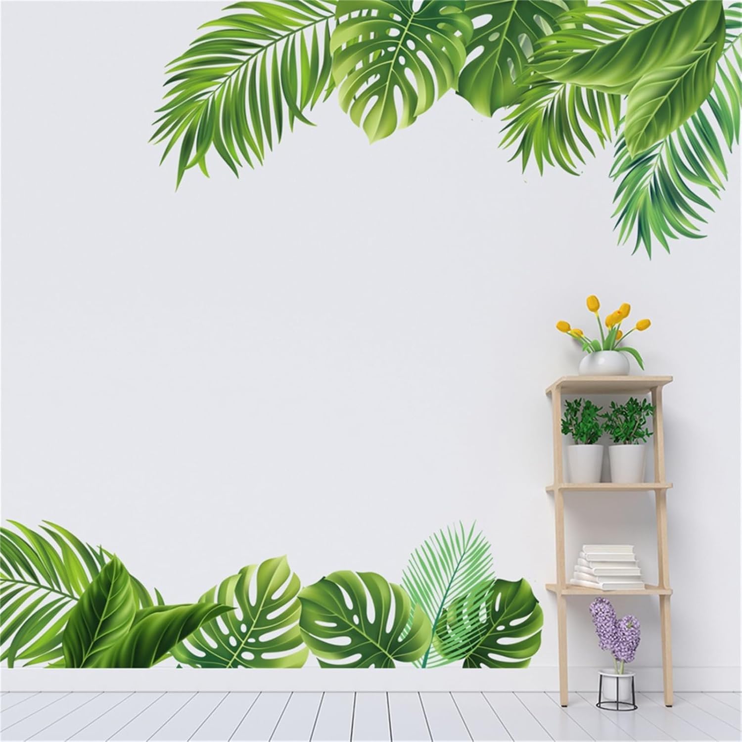 Adhesivo de pared de hojas verdes, flor, pájaro, selva, planta verde, despegar y pegar la tortuga tropical de la selva tropical, hoja trasera,