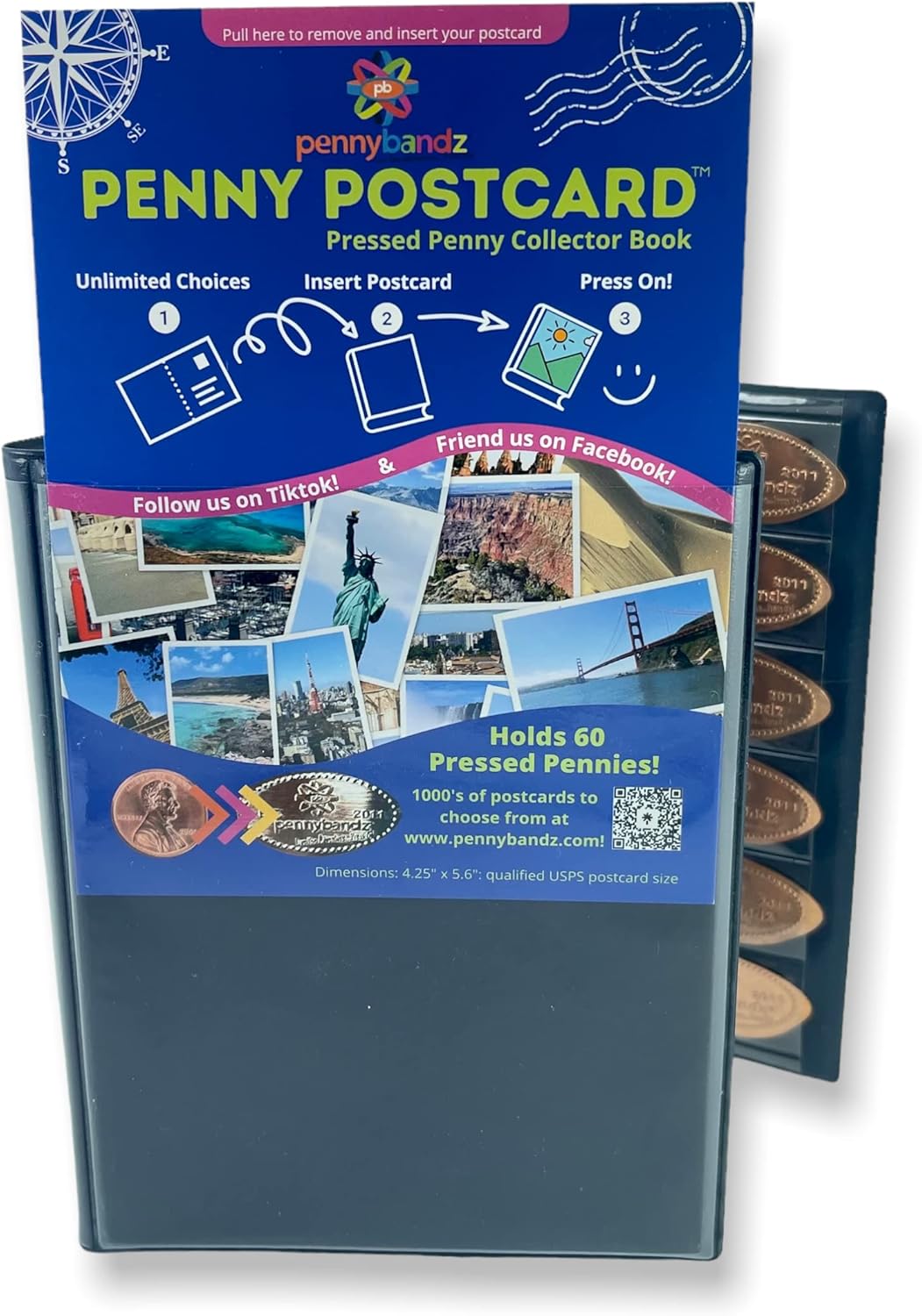Penny Postcard – Libro de coleccionista prensado de tres pliegues con capacidad para 60 centavos prensados y tu postal favorita para tu portada (las