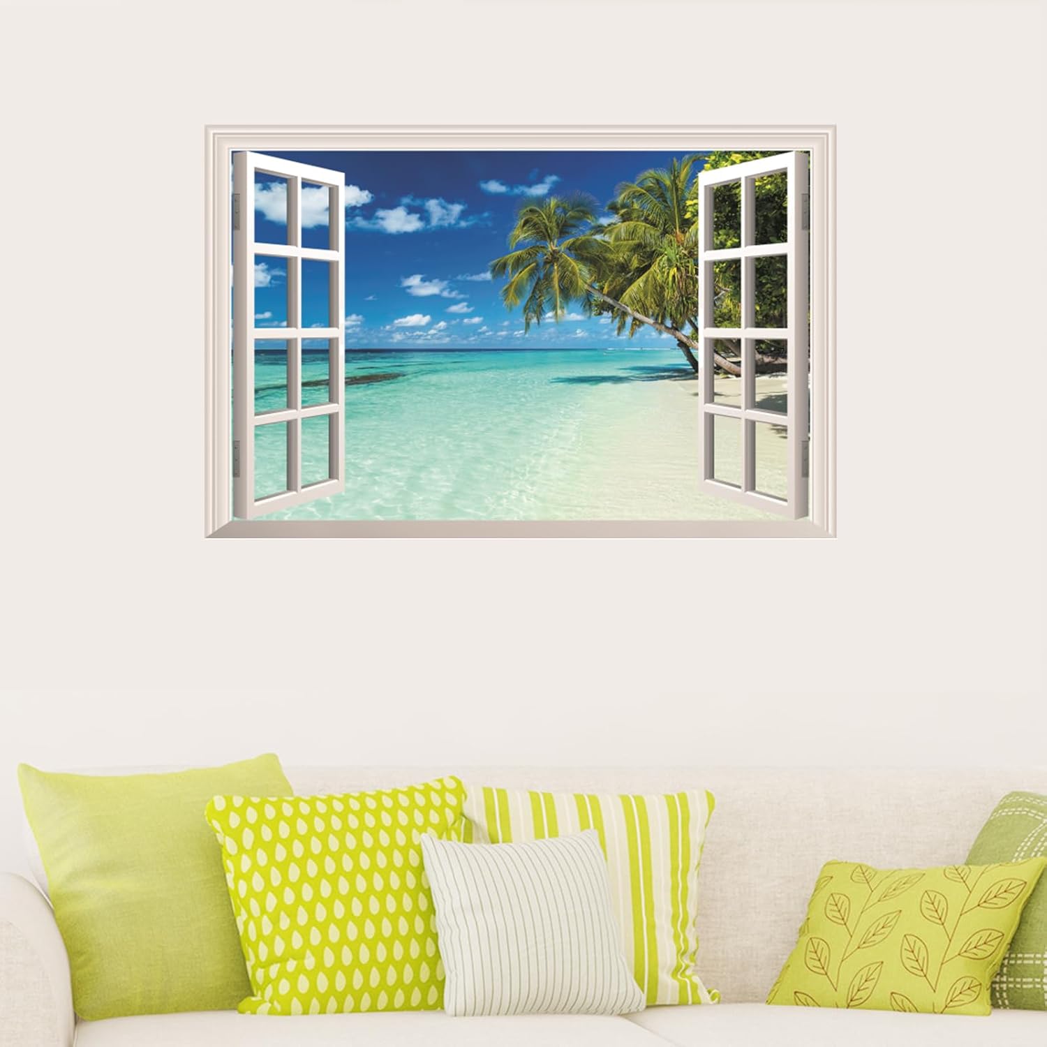 HOTIYOK Pegatinas de pared de ventanas falsas de paisaje marino azul, palmeras verdes, mural de pared para ventana falsa de paisaje tropical del