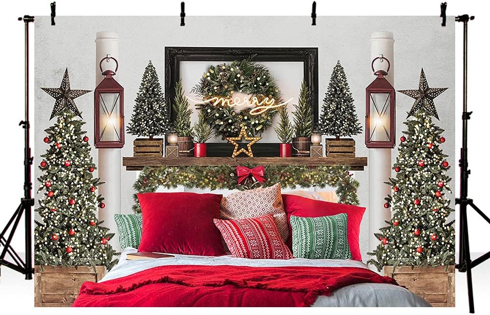 MEHOFOND Cabecera de Navidad roja de 8 x 6 pies, telón de fondo para cama de retrato infantil, fotografía de invierno, vacaciones, imagen familiar,