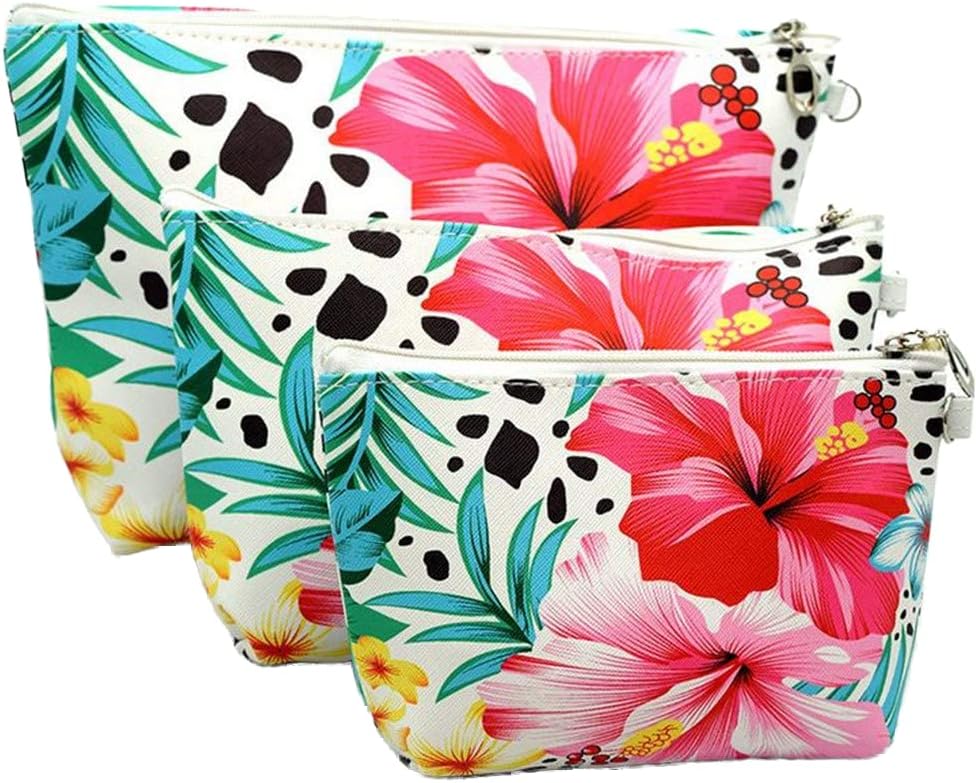 XICHEN 3 bolsas de cosméticos impermeables para cosméticos de gran capacidad, piel sintética, cuarto de baño, almacenamiento (3 tamaños) (flor de