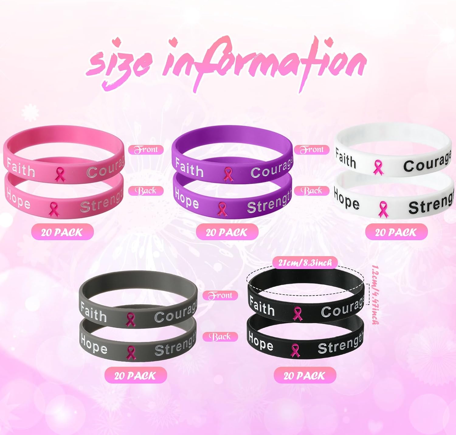 Kigeli 100 pulseras de silicona con cinta rosa para concienciación sobre el cáncer de mama, pulsera de apoyo inspiradora para suministros de fiesta