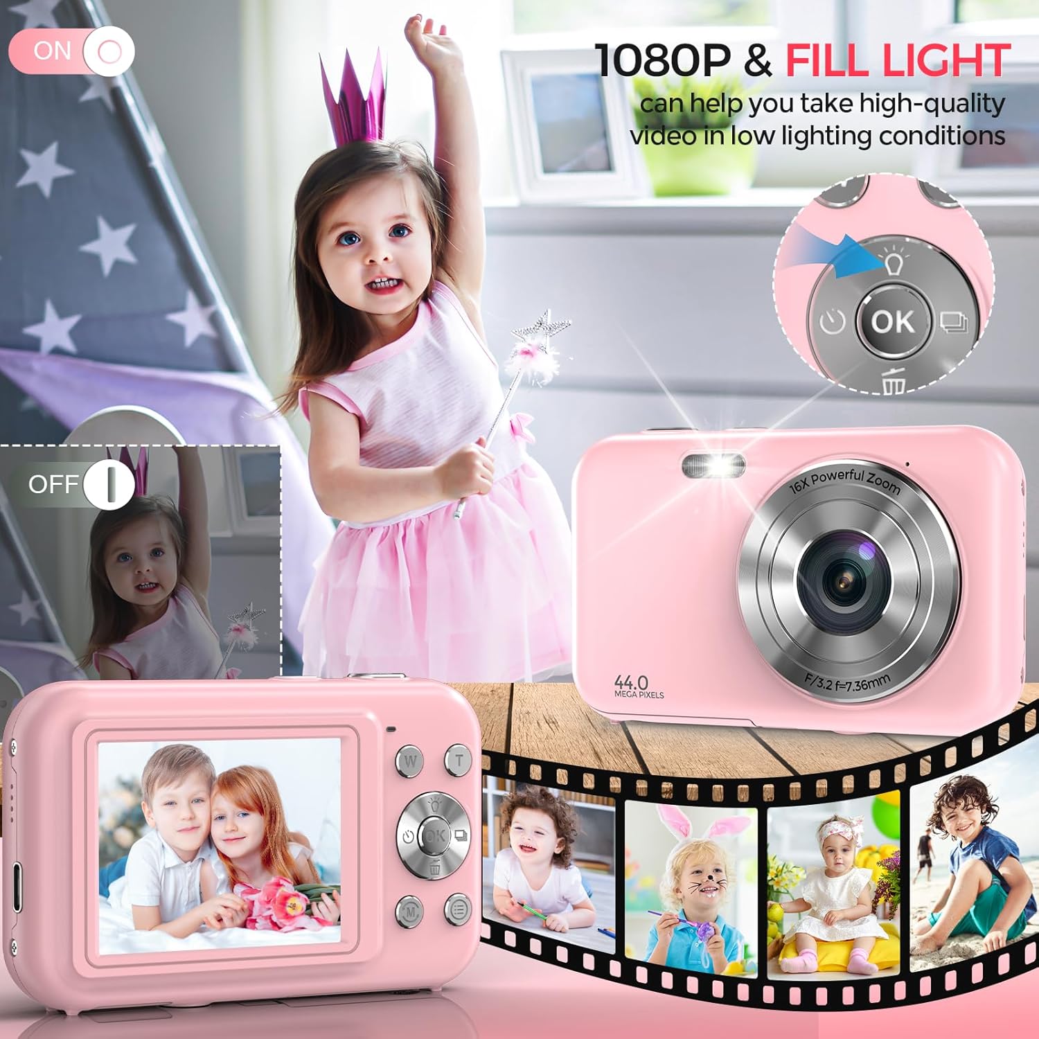 Cámara digital, FHD 1080P 44MP cámara para niños para fotografía con tarjeta de 32 GB, cámara digital de punto de zoom 16X y disparar con luz de