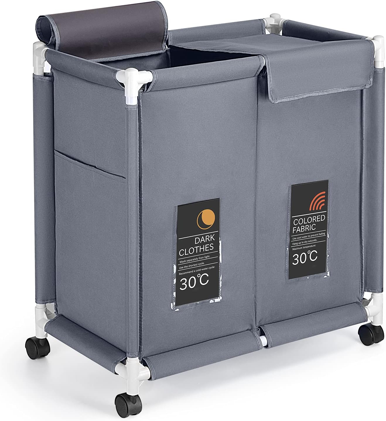 Cesto de lavandería de 2 secciones 110L grande Oxford cesta clasificador de ropa con ruedas rodantes, tapa y tarjetas de clasificación para