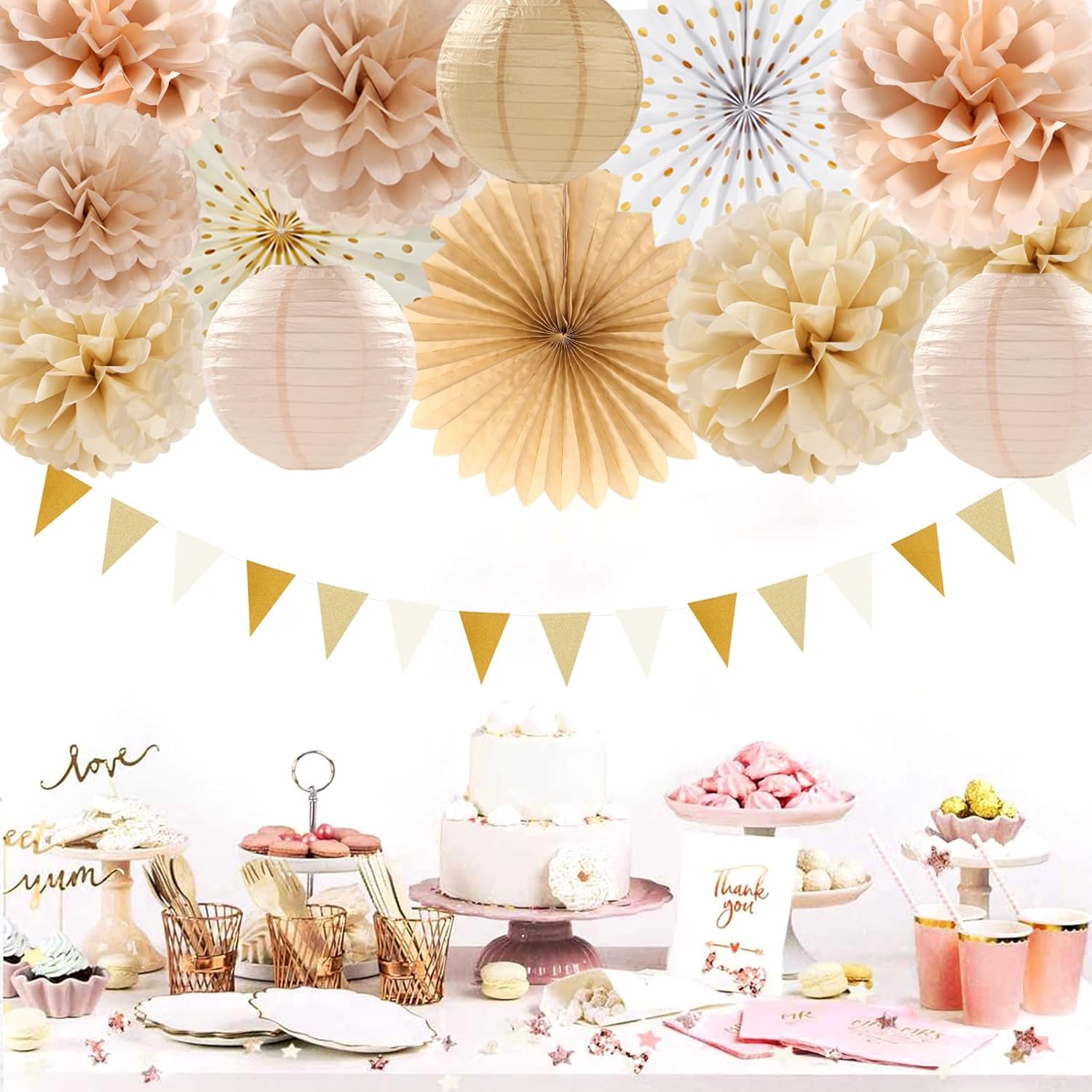 Decoraciones de fiesta bohemias de color beige, dorado champán, blanco, melocotón, 20 unidades neutrales para baby shower, linternas rústicas de