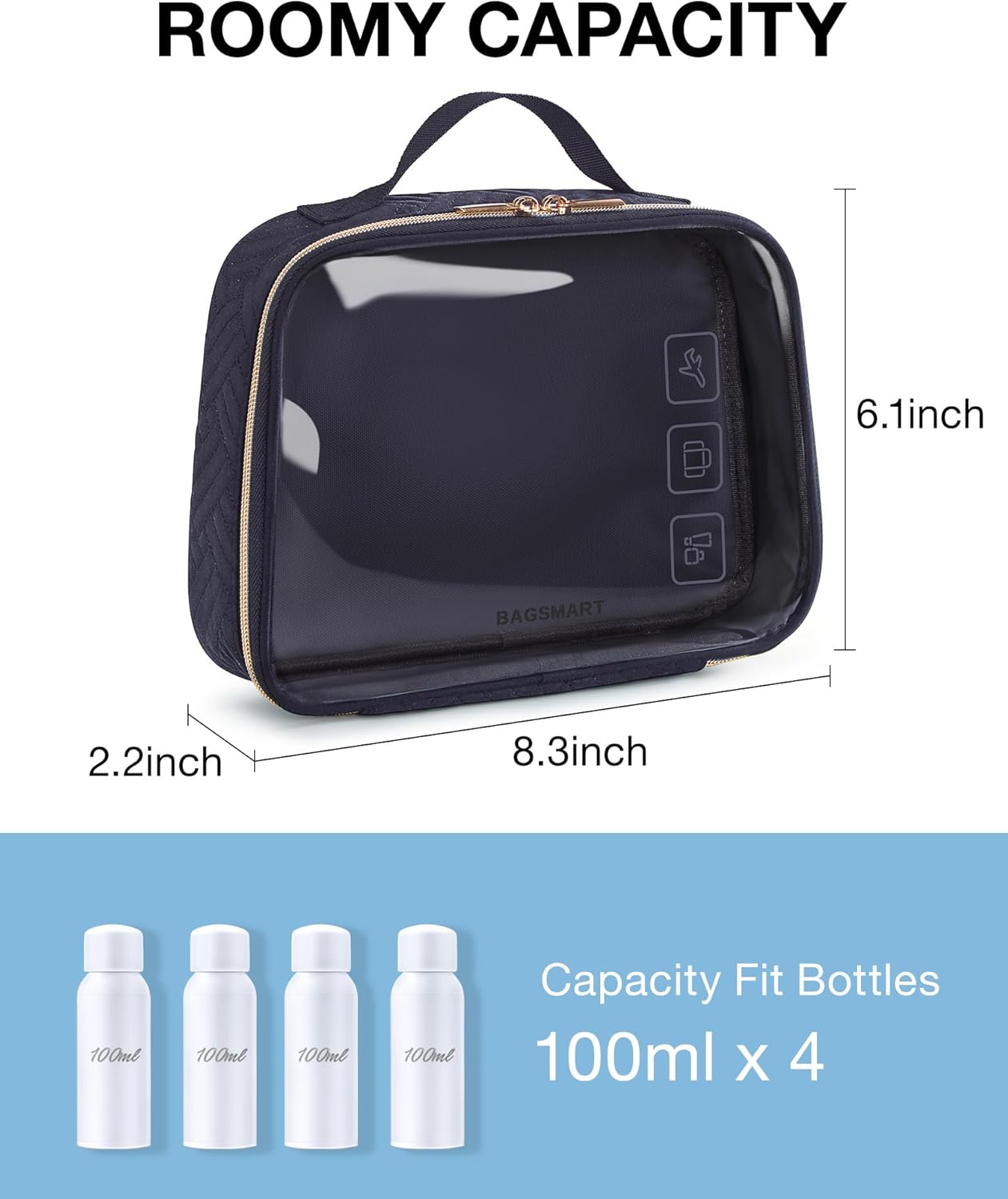 BAGSMART Bolsa de aseo aprobada por la TSA, organizador de cosméticos de maquillaje transparente, bolsa de viaje de tamaño de cuarto de galón para