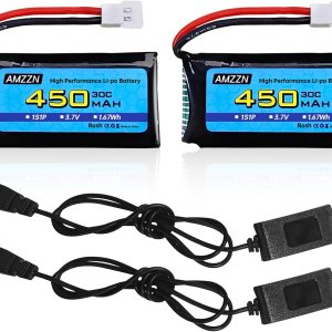 2 baterías Lipo de 3.7 V 450 mAh 30C con cable de carga USB, enchufe Molex compatible con la mayoría de drones RC, aviones de cuatro ejes y modelos 2 baterías Lipo de 3.7 V 450 mAh 30C con cable de carga USB, enchufe Molex compatible con la mayoría de drones RC, aviones de cuatro ejes y modelos
