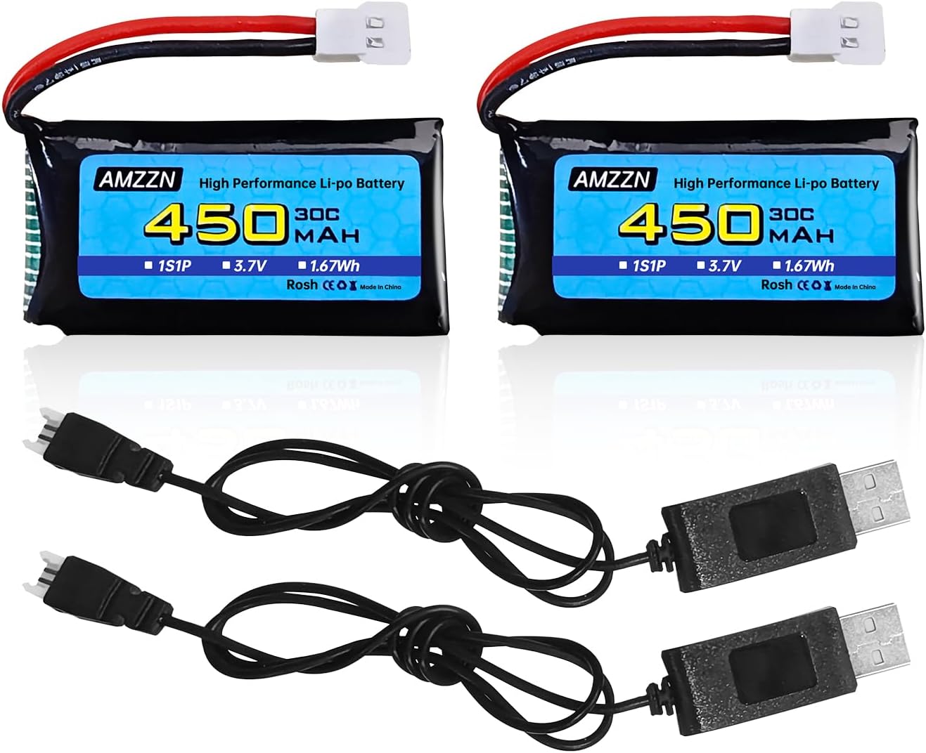 2 baterías Lipo de 3.7 V 450 mAh 30C con cable de carga USB, enchufe Molex compatible con la mayoría de drones RC, aviones de cuatro ejes y modelos