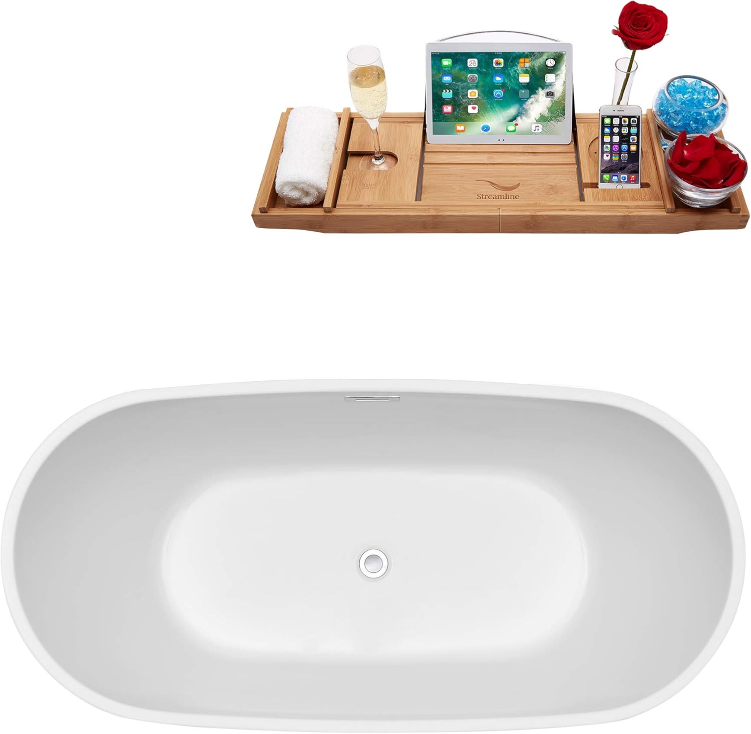 Streamline  Bañera acrílica de remojo independiente de 71 pulgadas N-562-71FSWH-FM, color blanco, viene con drenaje interno y desbordamiento cromado