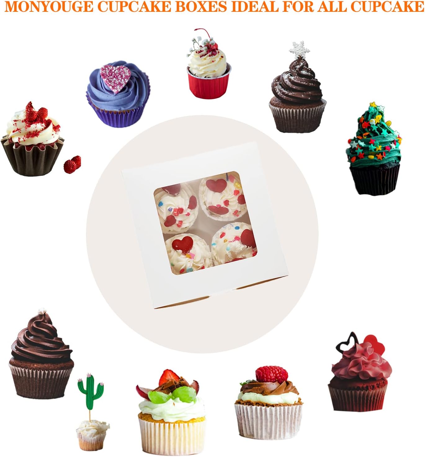 MonYouGe Juego de 30 cajas para cupcakes a granel con ventana transparente para 4 cupcakes estándar, contenedor desechable de grado alimenticio