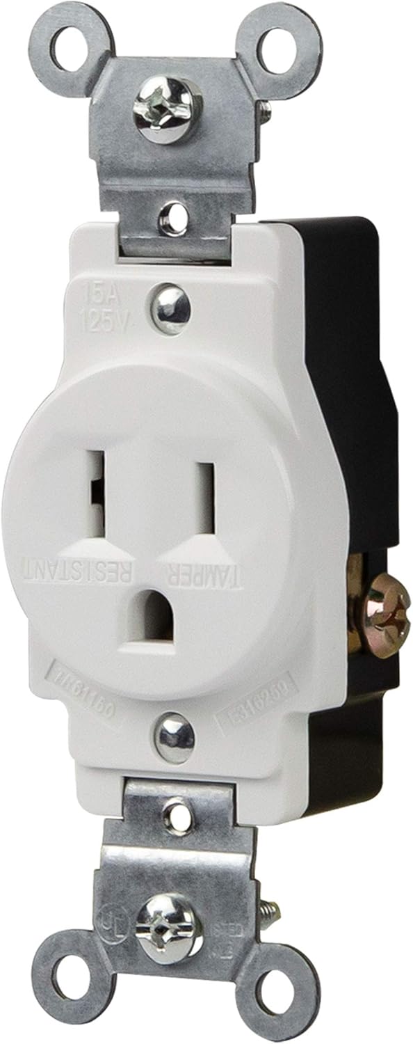 ENERLITES Tomacorriente de un solo receptáculo, resistente a manipulaciones, grado comercial, 3 cables, tornillo de puesta a tierra, 2 polos, 5-15R,