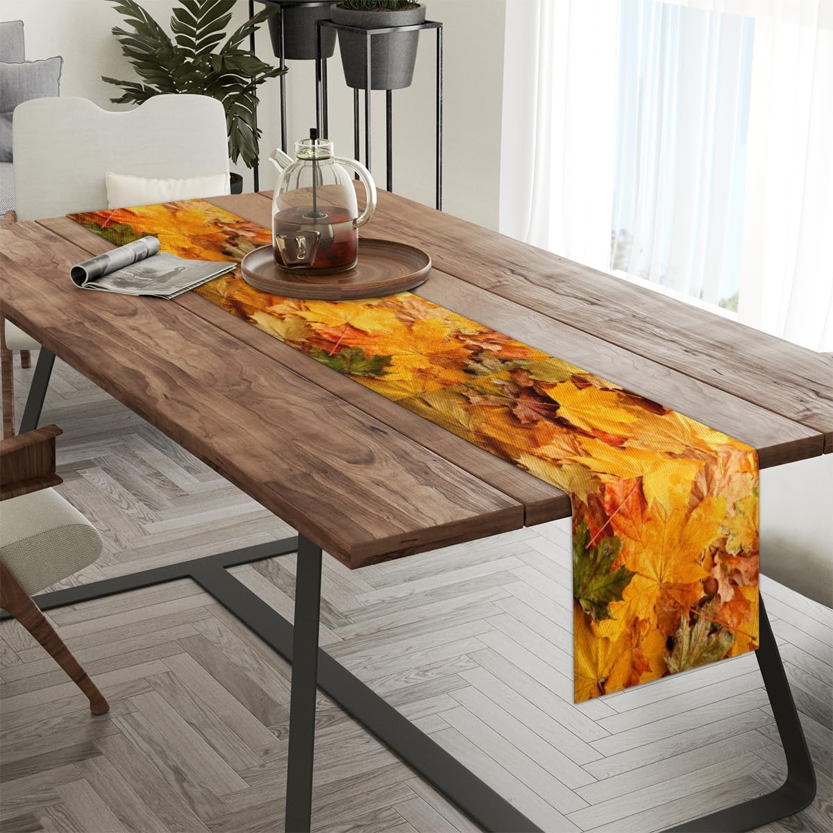Table Runner Autumn Leaves, Rustic Linen Table Cloth, Kitchen Dining Table Decoration for Home Party Decor 13 x 48 Inches