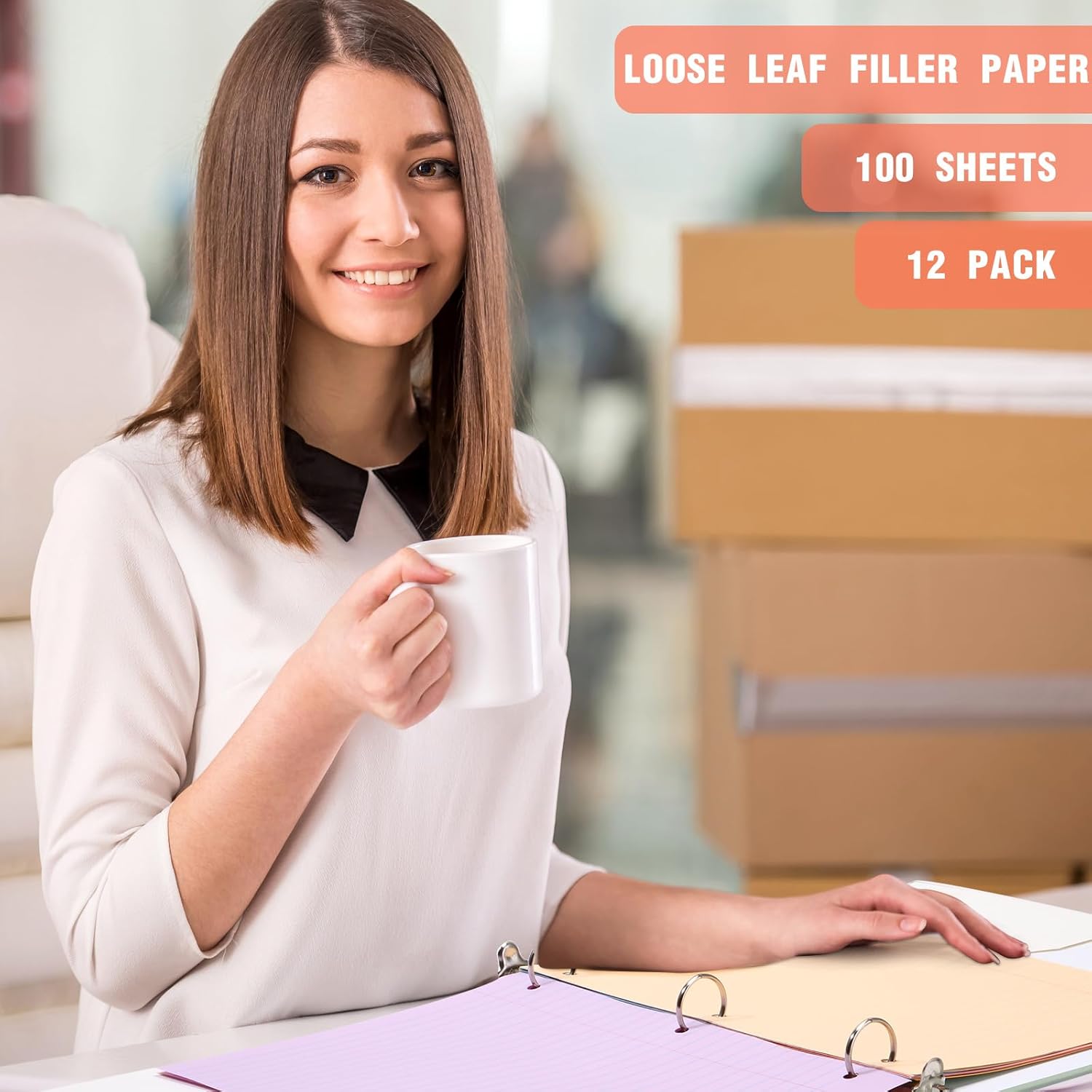 Paquete de 12 hojas sueltas de 8 x 10.5 pulgadas, 1200 hojas de papel de relleno de 3 agujeros perforados de calidad para carpetas de 3 anillos para