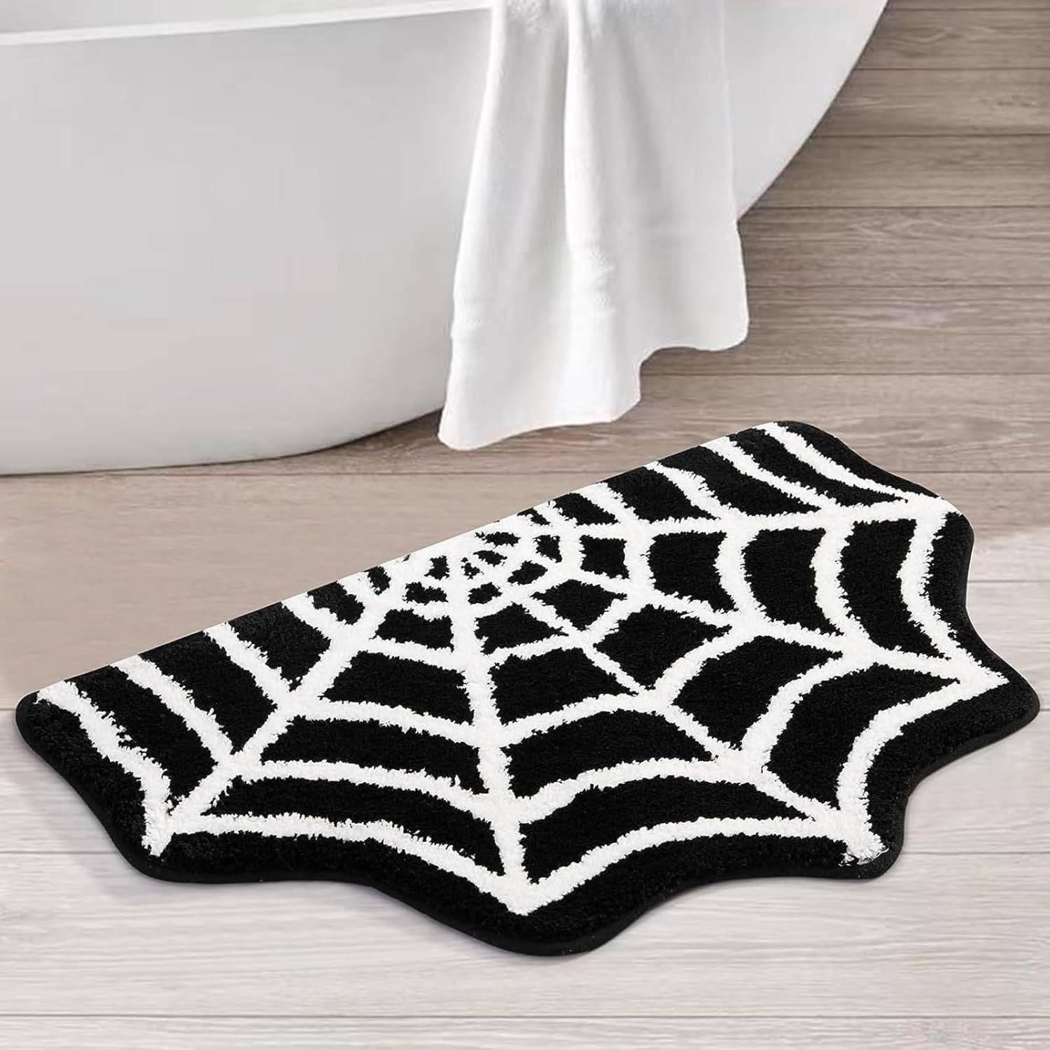 Tapete de baño de tela de araña de Halloween, antideslizante, gótico, lindo, negro y blanco, tapete de baño de medio círculo, para baño, puerta