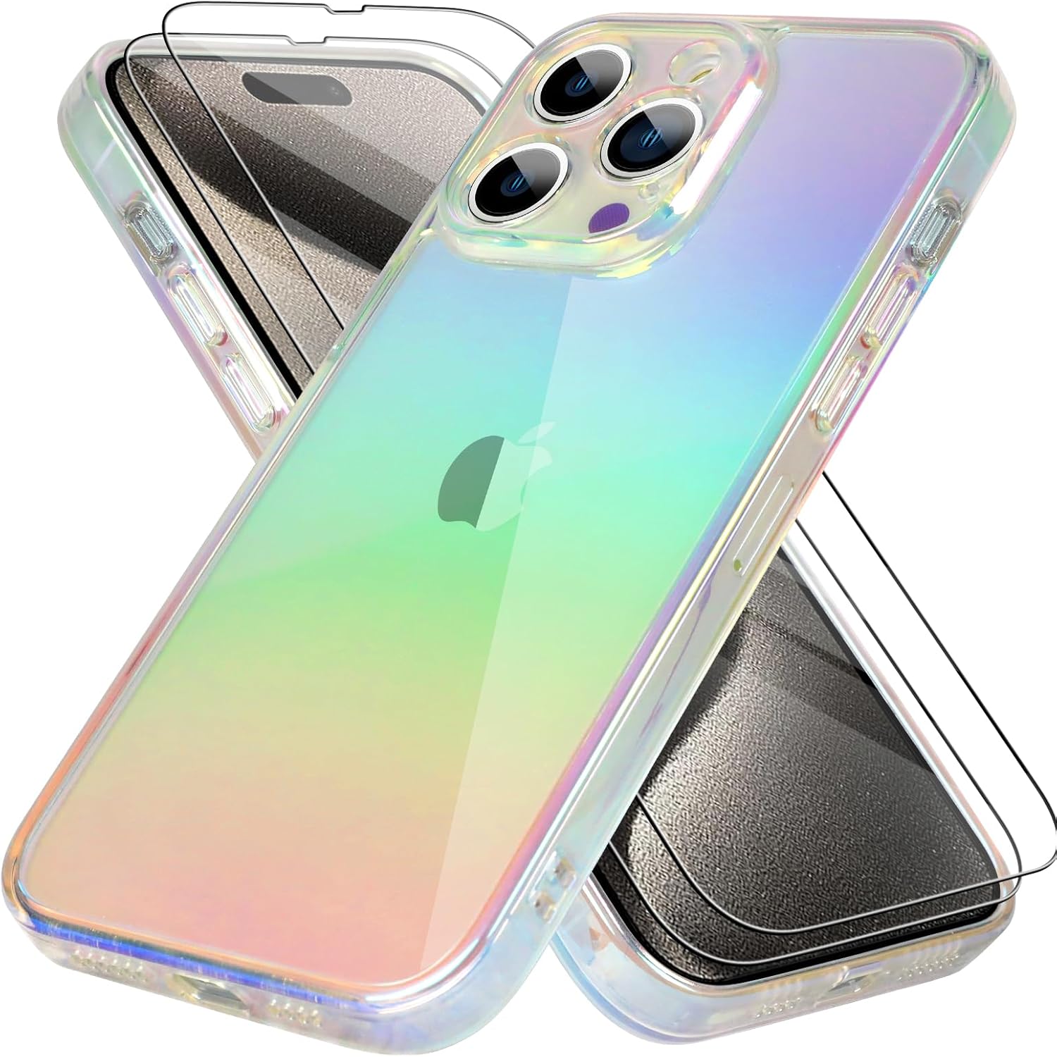 Bonoma Funda compatible con iPhone 15 Pro Max, funda de lujo con cristal iridiscente florescente con cristales iridiscentes, protector de cámara + 2