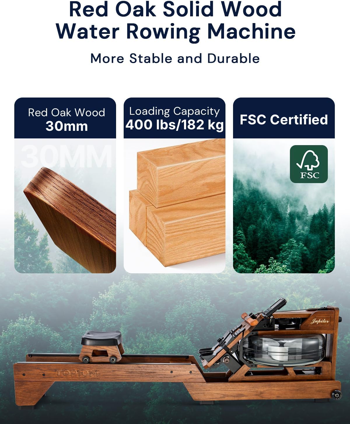 Máquina de remo de agua con monitor de rendimiento TM-3, carga máxima de 400 libras, máquina de remo de madera de roble