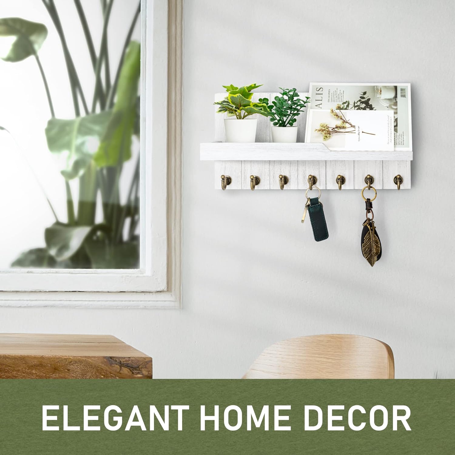 Rebee Vision Juego de llaves para pared 10″ Llavero con 5 ganchos y 15″ Llavero con 7 ganchos para decoración de pared de granja – Blanco