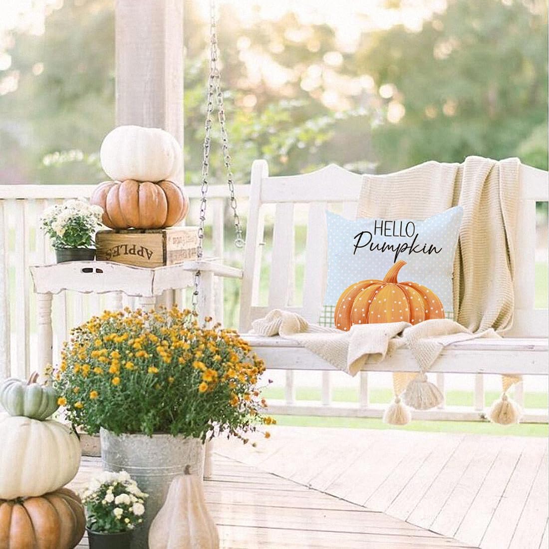 Juego de 4 fundas de almohada decorativas de otoño de 18 x 18 pulgadas, diseño de girasol, margarita, calabaza, decorativas, otoño, Acción de