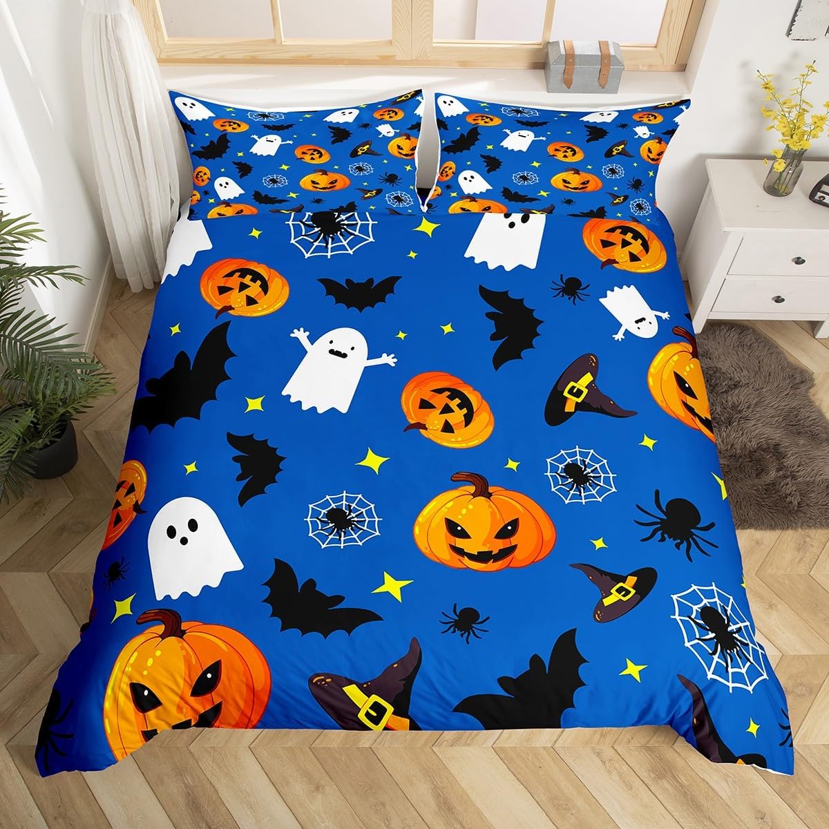 Manfei Juego de funda de edredón con diseño de calabaza, tamaño individual, funda de edredón con 1 funda de almohada, juego de ropa de cama de 2