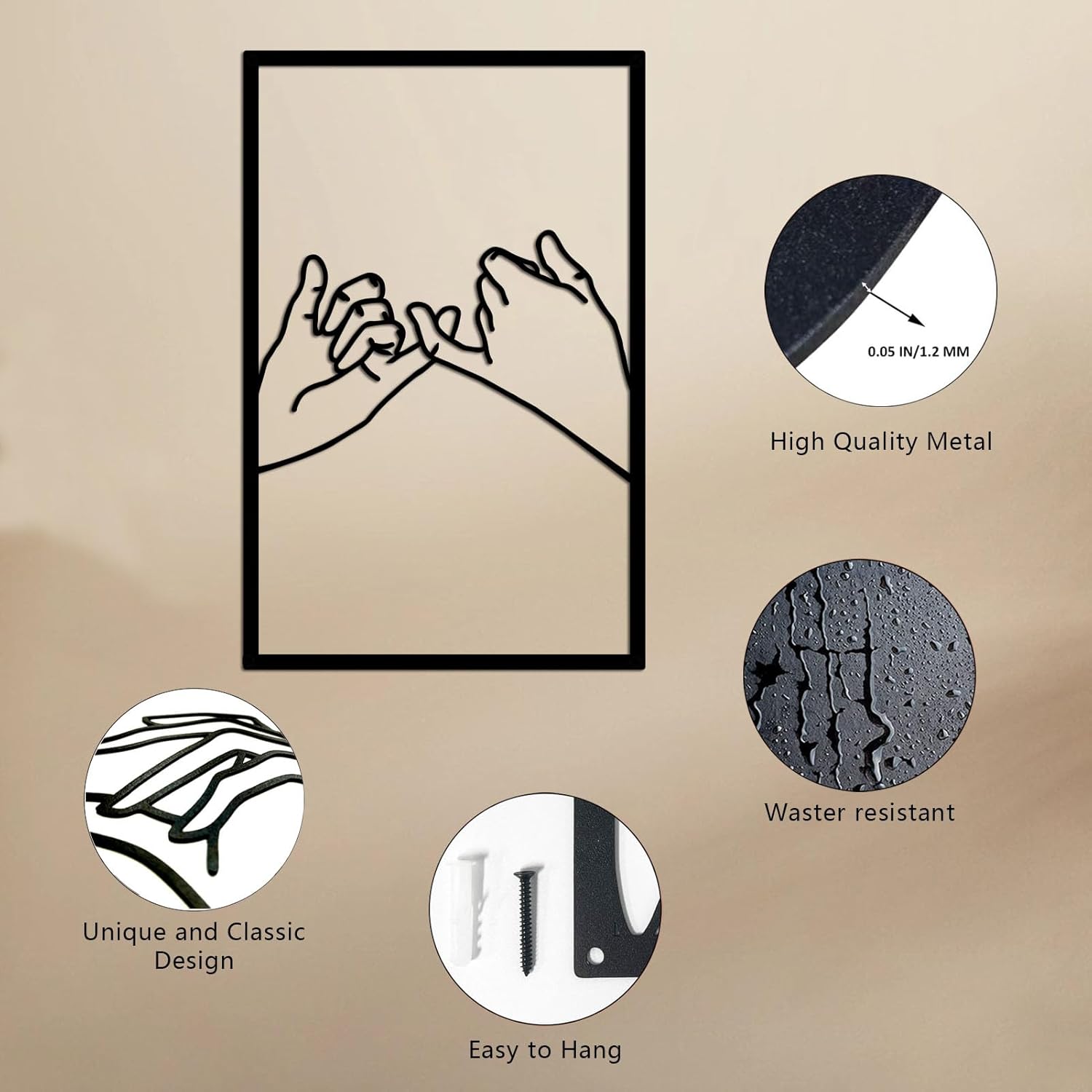 Arte de pared de metal con forma de mano de cuerpo minimalista de líneas femeninas, esculturas de pared modernas de línea abstracta para el hogar,