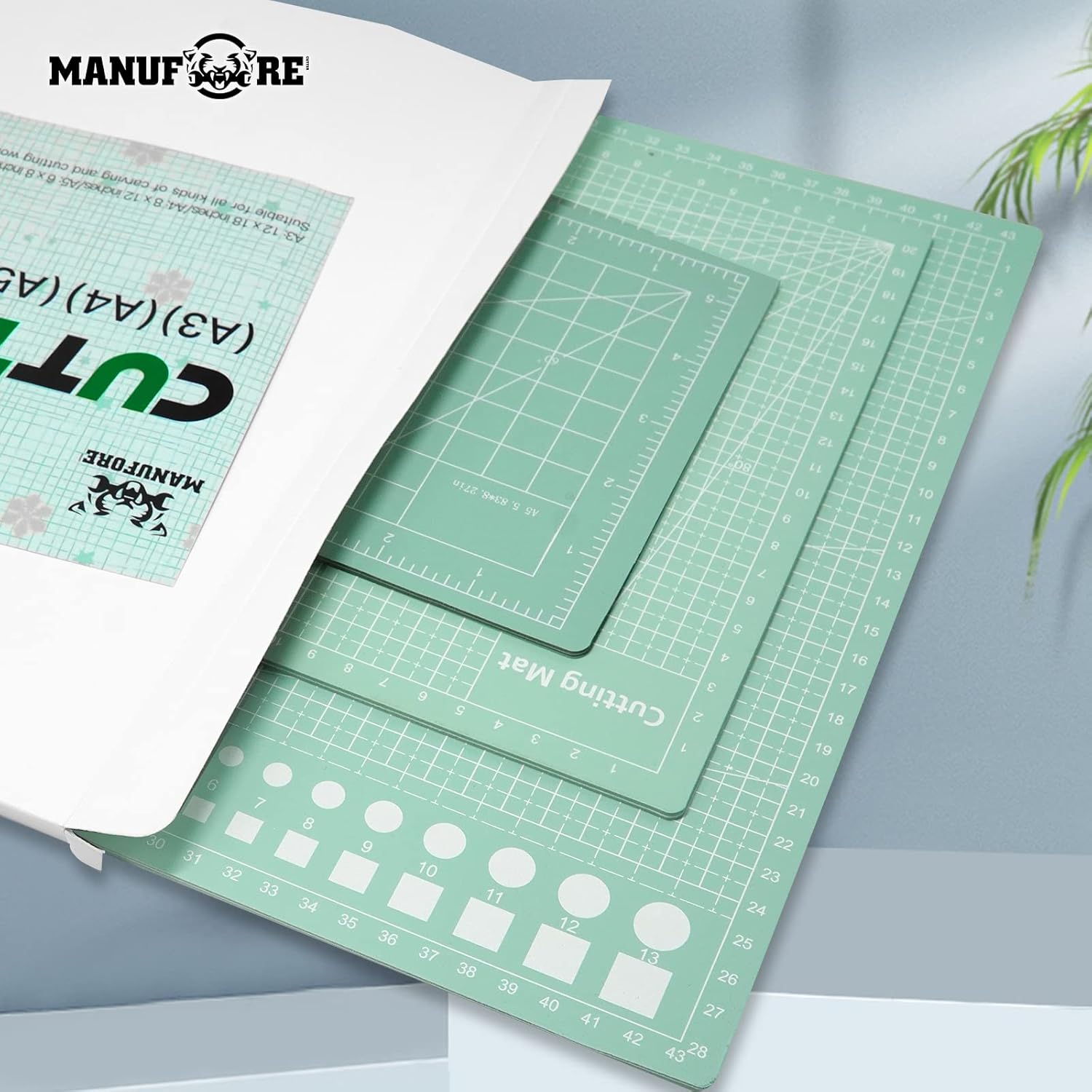 Juego de alfombrillas de corte verde menta A3, A4, A5 con escala de centímetro y pulgadas, tabla de cortar autocurable con 5 capas de grosor de
