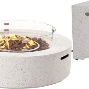 SUNBURY Mesa de fuego de propano para exteriores de 41 pulgadas, 50,000 BTU manchada blanca para patio con protector de viento de vidrio, mesa de SUNBURY Mesa de fuego de propano para exteriores de 41 pulgadas, 50,000 BTU manchada blanca para patio con protector de viento de vidrio, mesa de