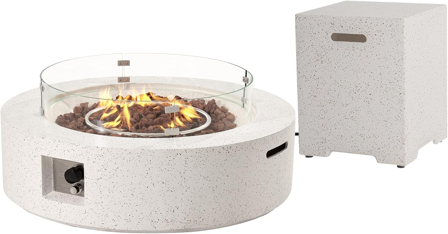 SUNBURY Mesa de fuego de propano para exteriores de 41 pulgadas, 50,000 BTU manchada blanca para patio con protector de viento de vidrio, mesa de