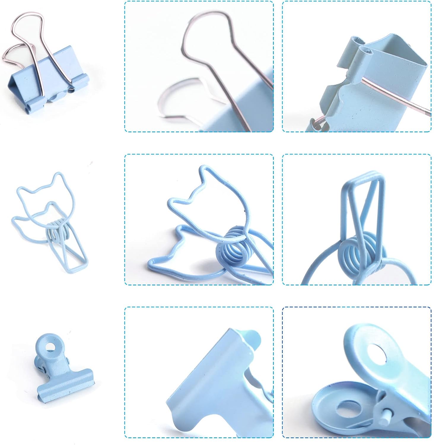 CREECHWA Juego de clips de papel azules y clips para carpeta, carpetas de metal de varios tamaños con pasadores, bonitos suministros de oficina para