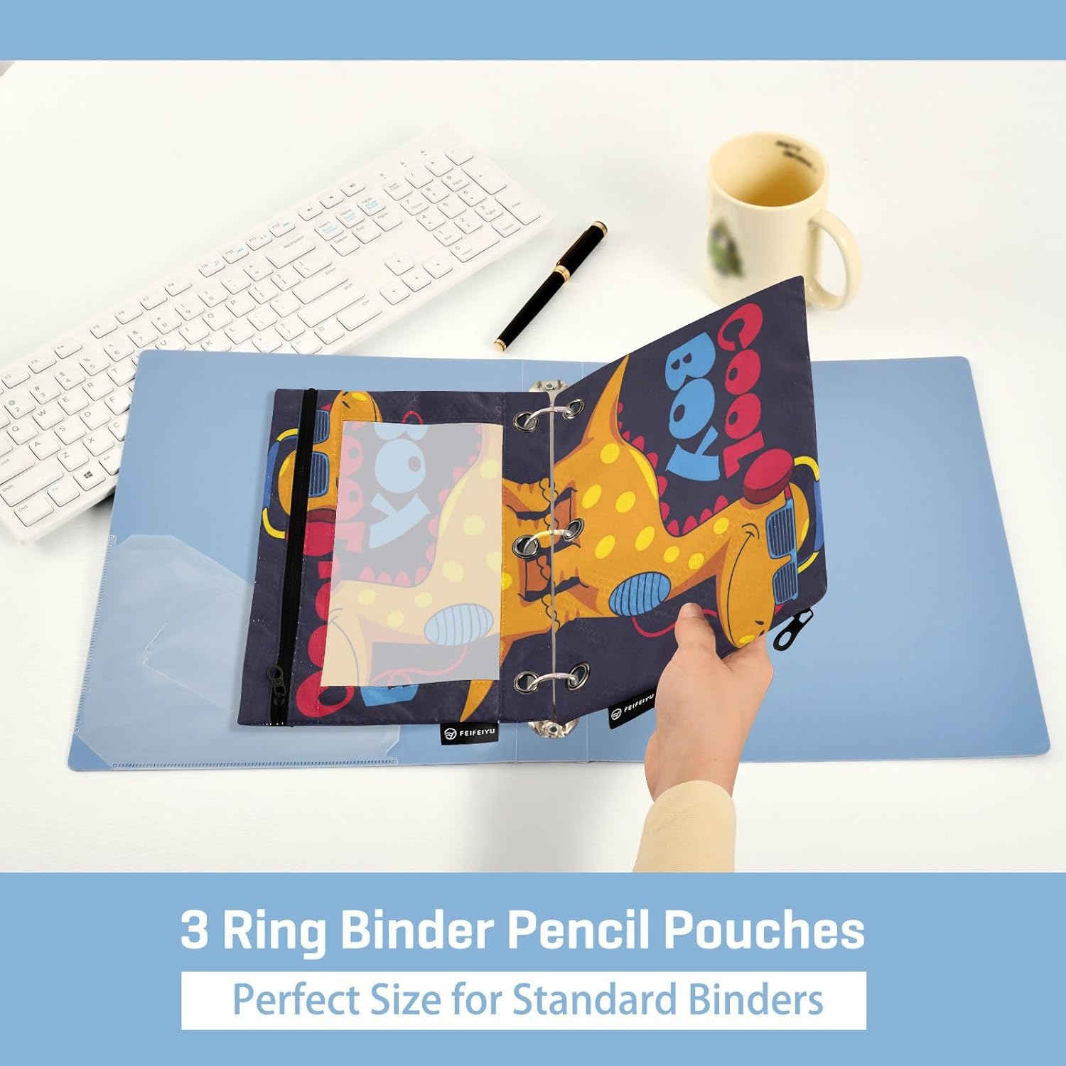 Gredecor Estuche para lápices con 3 anillos, con cremallera de dinosaurio, paquete de 2 unidades, organizador transparente para la escuela y la