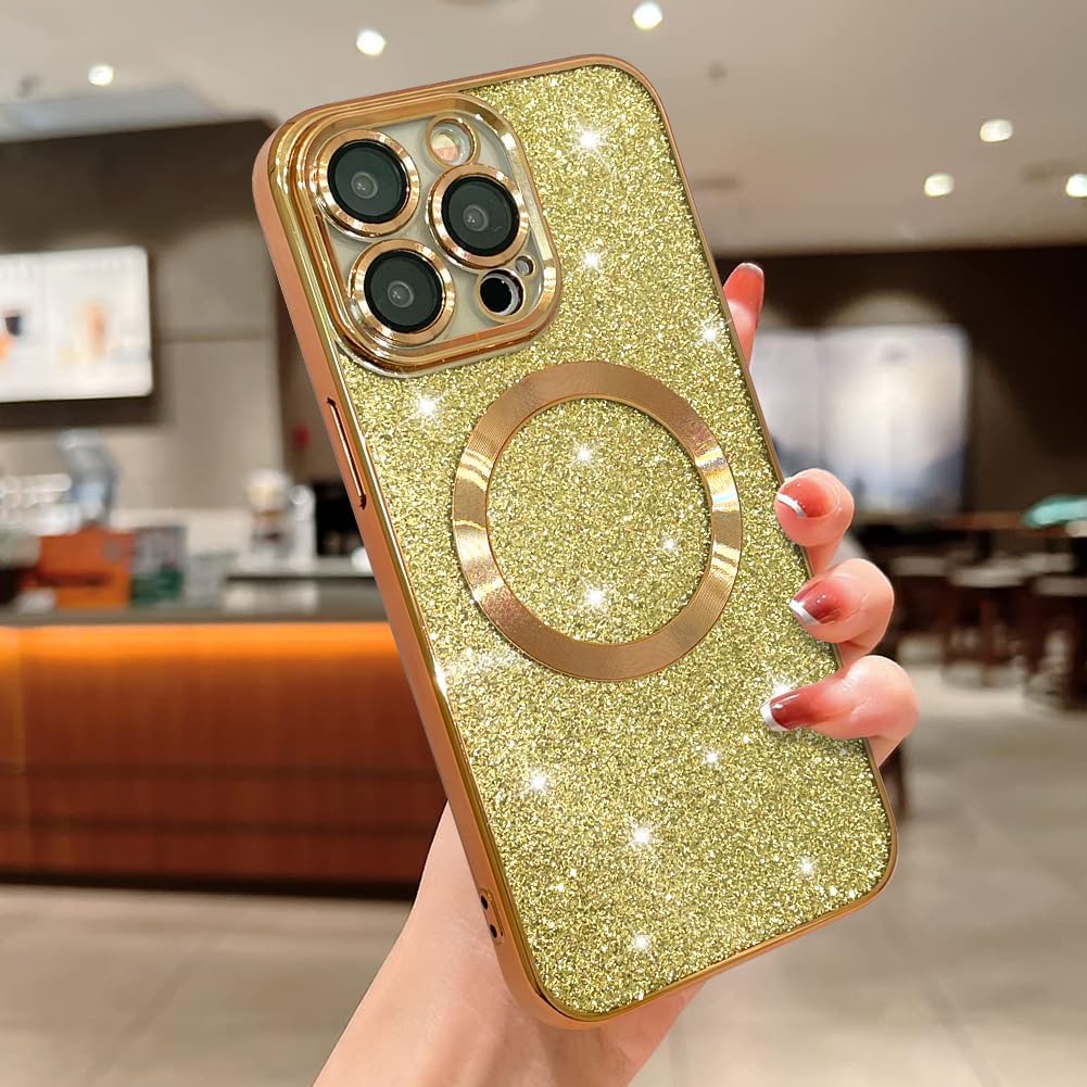 Jefonha Funda magnética con purpurina para iPhone 14 Pro de 6.1 pulgadas, compatible con Magsafe, bonita funda de lujo chapada en brillo, protector