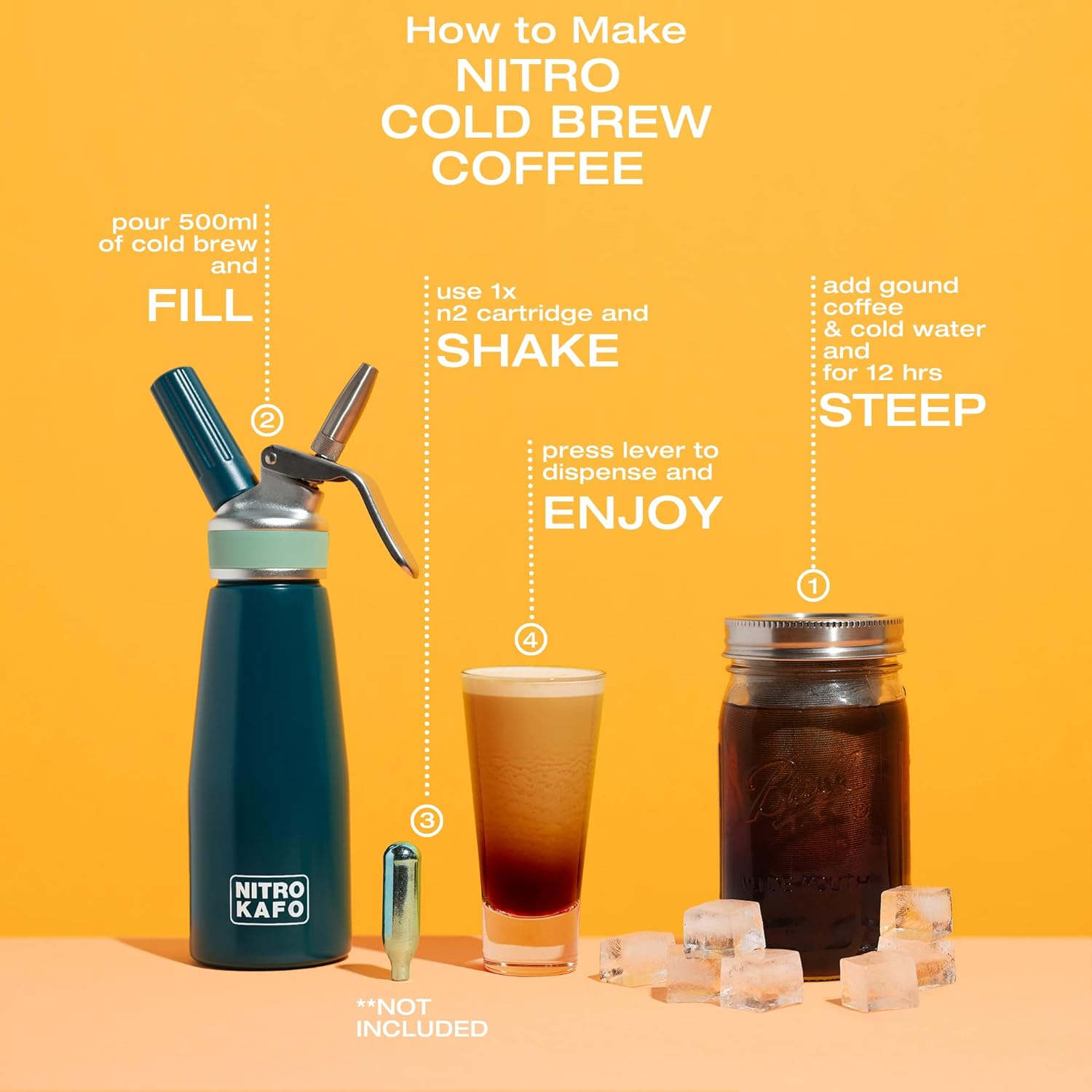 NITRO KAFO – Cafetera Nitro de 0.5 L, cafetera nitro de aluminio con boquilla especial de difusor de nitro y cafetera fría con tarro Mason de