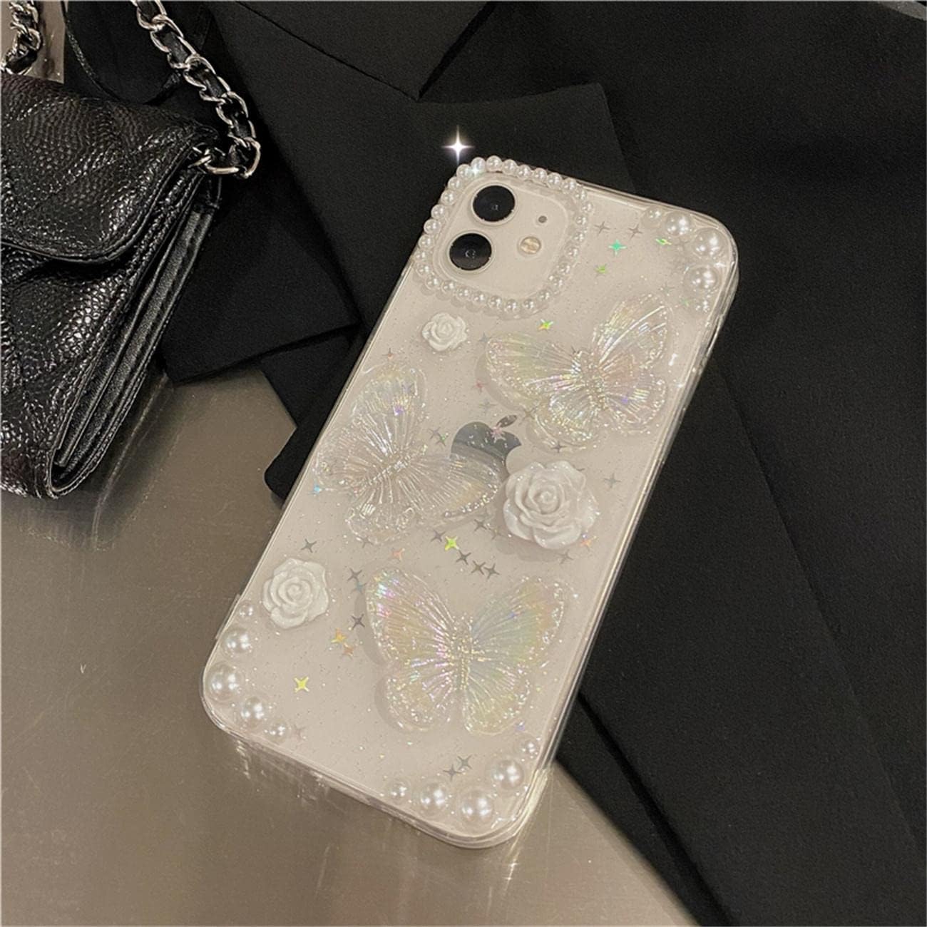 Fycyko Compatible con iPhone 15 Pro Max 3D Butterfly Floral Clear con diseño estético para mujeres, adolescentes y niñas, con purpurina, bonito