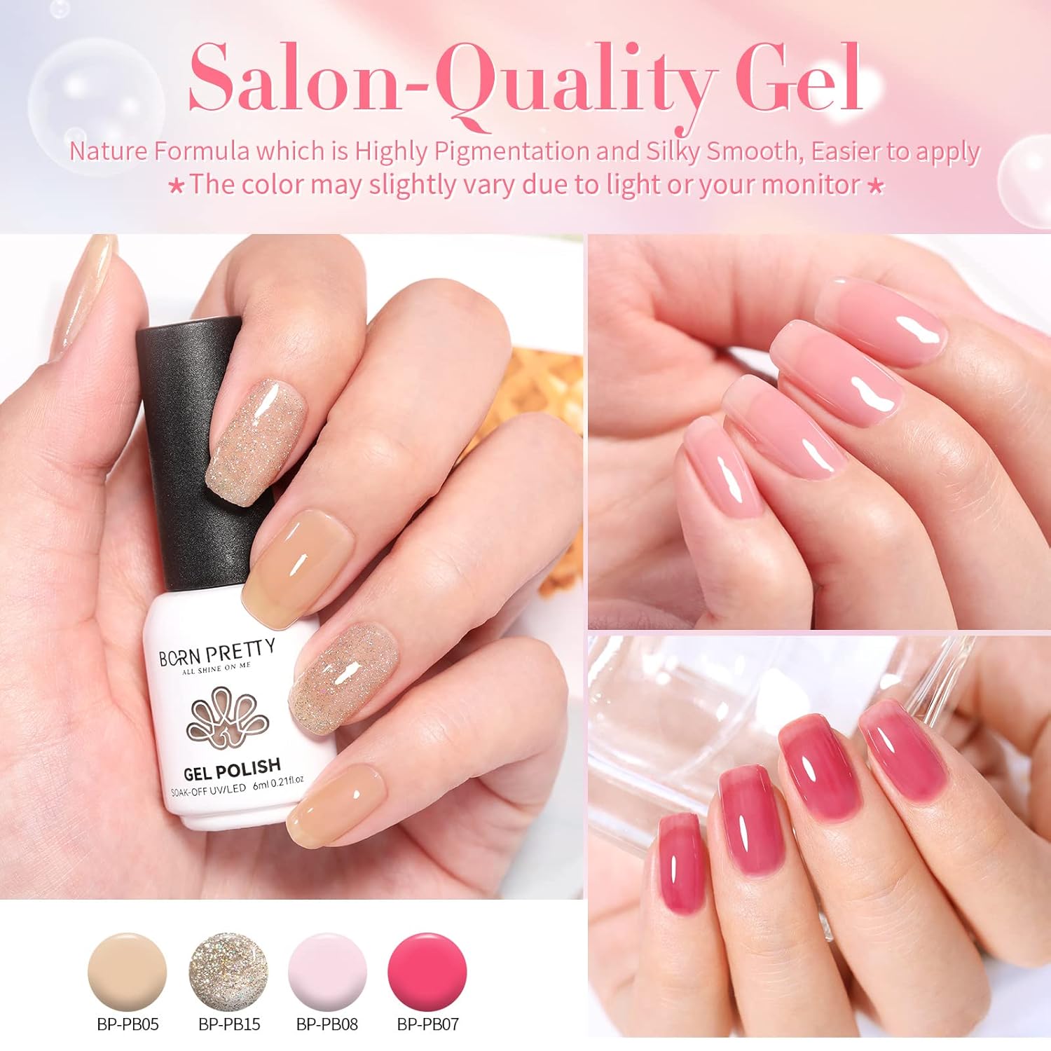 Born Pretty Juego de esmaltes de uñas de gel transparente color rosa nude, esmalte de gel translúcido transparente con capa superior mate brillante