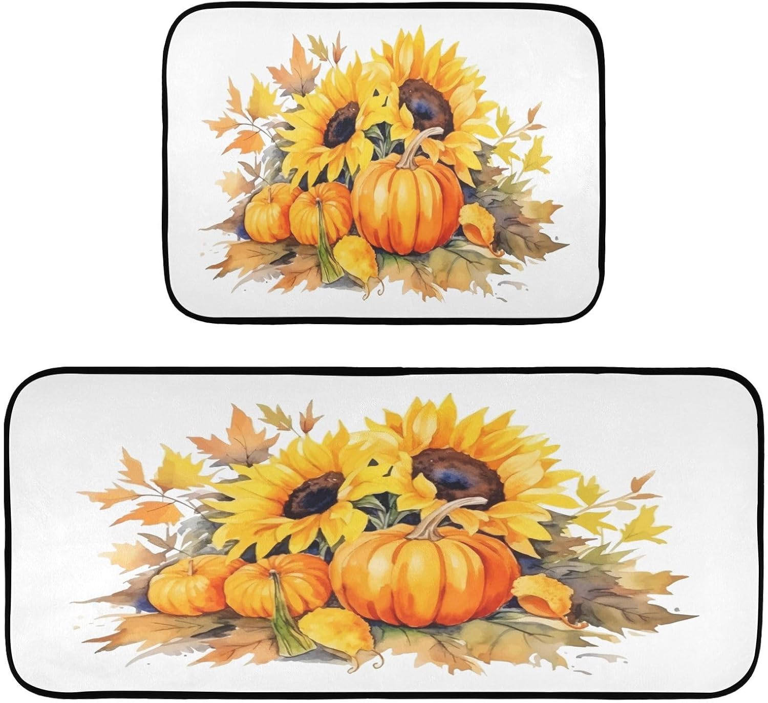 Exnundod Juego de 2 alfombras de cocina de otoño con diseño de girasoles de calabaza, girasoles, alfombra de corredor, lavable, antideslizante,