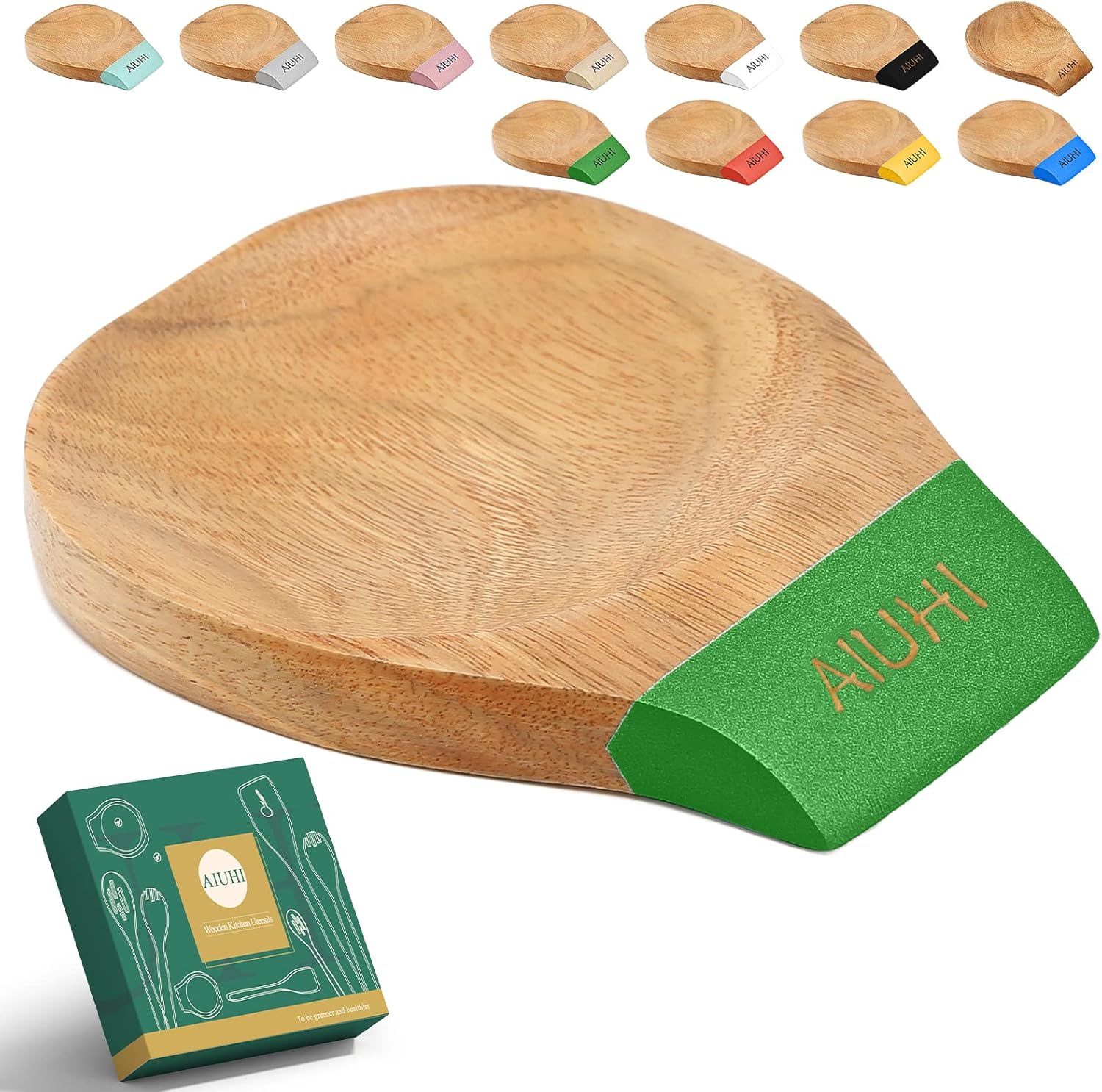 Soporte de cuchara de madera para encimera de cocina, soporte de cuchara de madera de teca natural para estufa o encimera (verde)