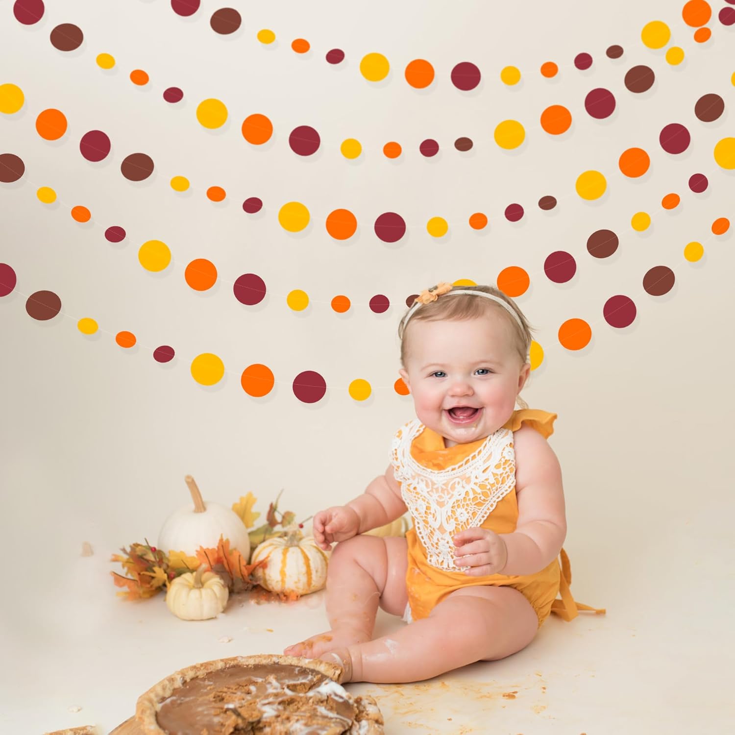 Decoraciones de fiesta de otoño de 46 pies, guirnaldas de lunares naranja, amarillo, borgoña, marrón, papel para colgar, serpentina de puntos para