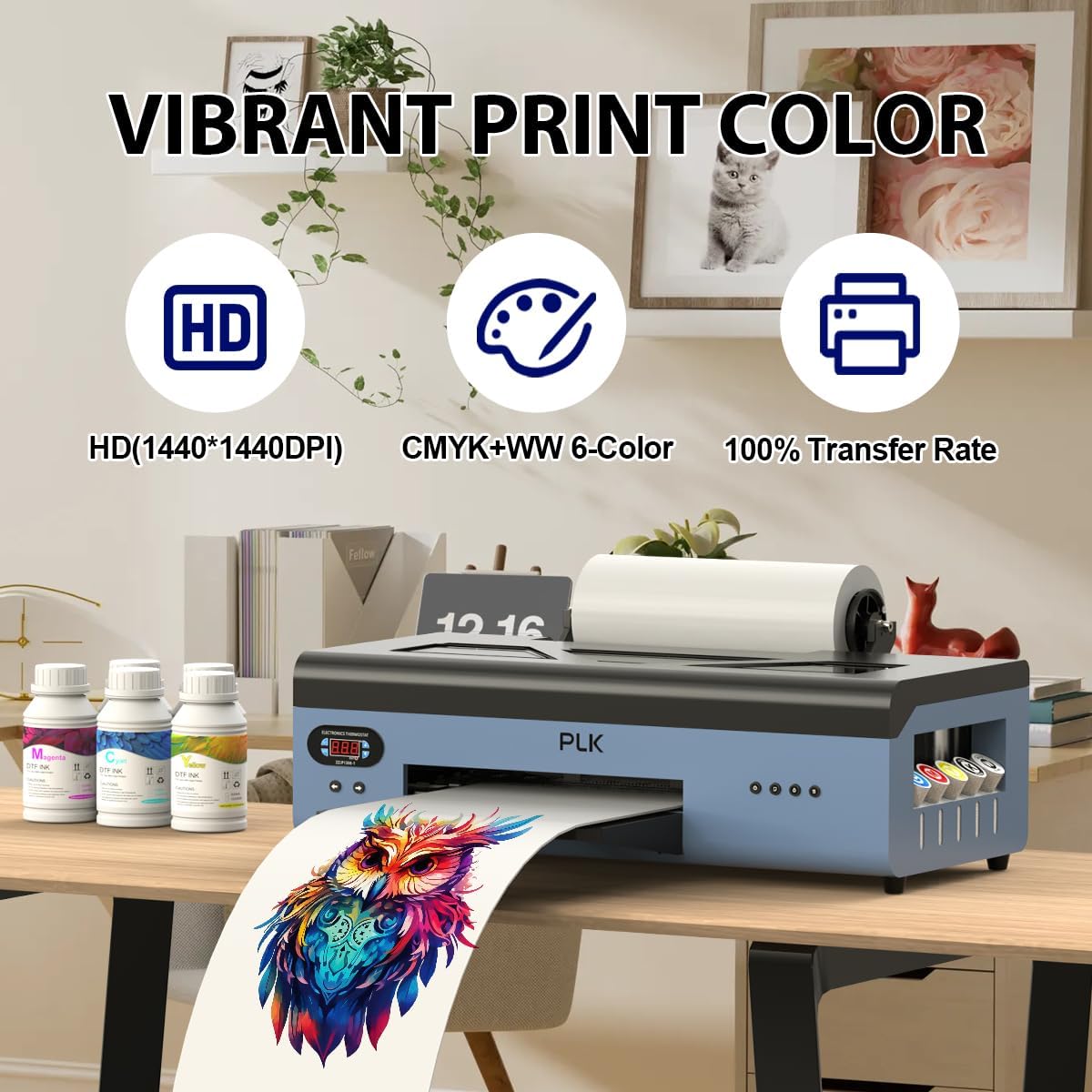 PLK Impresora DTF con alimentador de rollo, impresora de transferencia A3 L1800 con sistema de circulación de tinta blanca para camisetas,