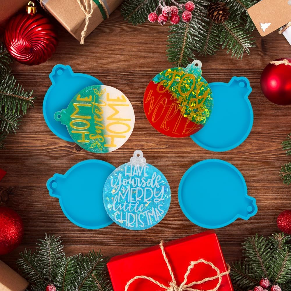 Vellibring 12 moldes de resina de Navidad de silicona, moldes de resina epoxi, moldes de resina de forma redonda azul, moldes de resina de Navidad
