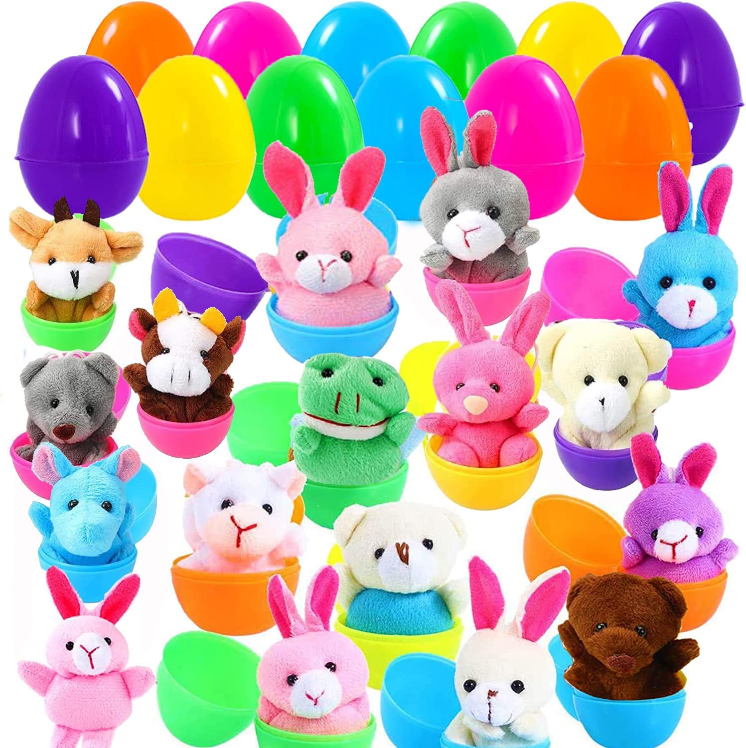 Paquete de 18 huevos de Pascua precargados con mini juguete de peluche, bonitos animales pequeños de peluche decoración para cestas de Pascua,