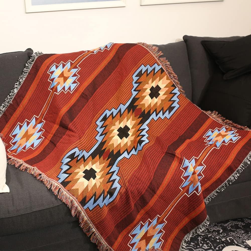CCHYF Manta azteca roja de nativos americanos, decoración bohemia del suroeste, reversible, con borlas tejidas, mantas y mantas mexicanas para sofá,