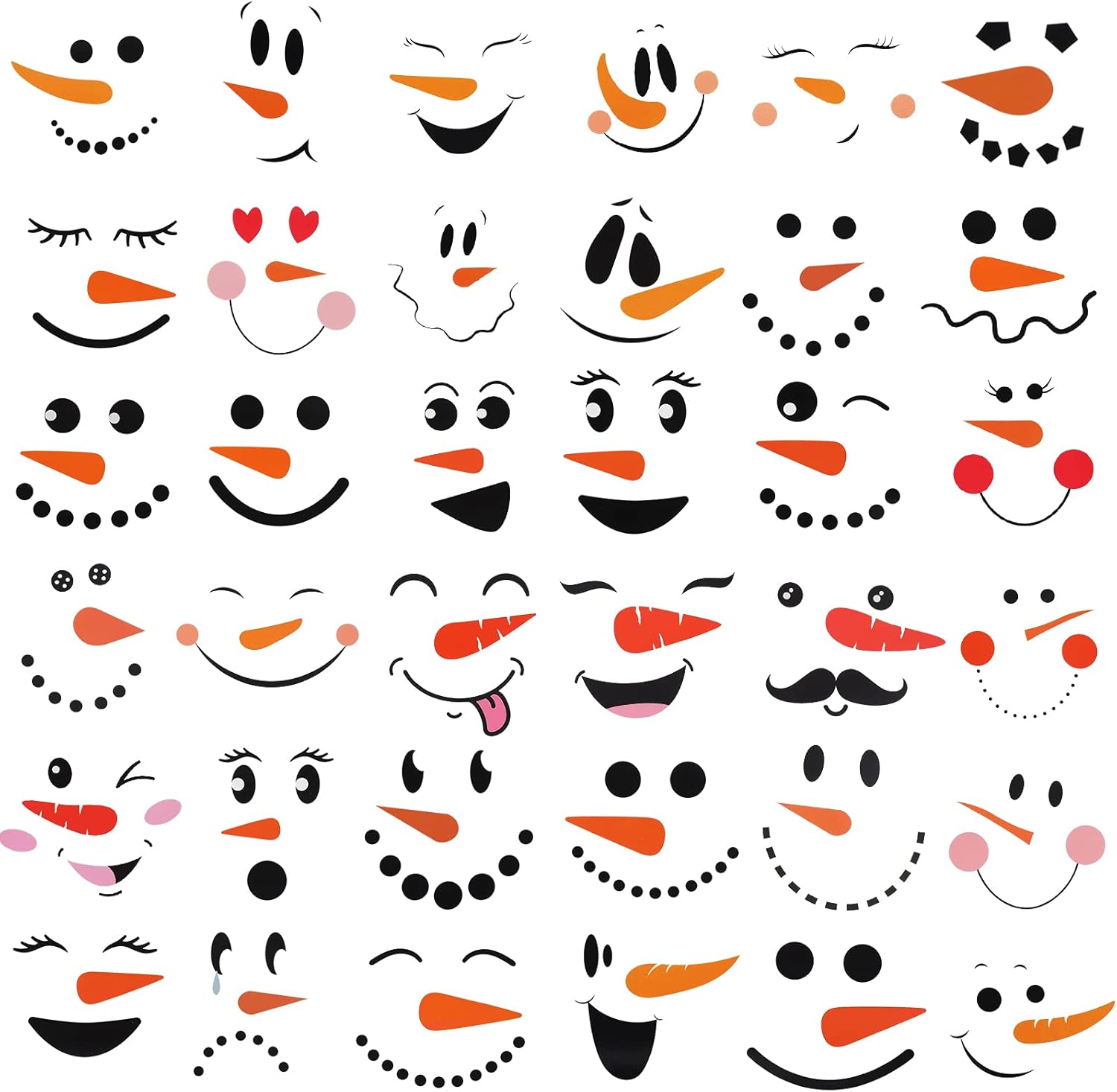 36 calcomanías de caras de muñeco de nieve, calcomanías de caras de muñeco de nieve, calcomanías de ventana de vidrio de Navidad, lindo muñeco de