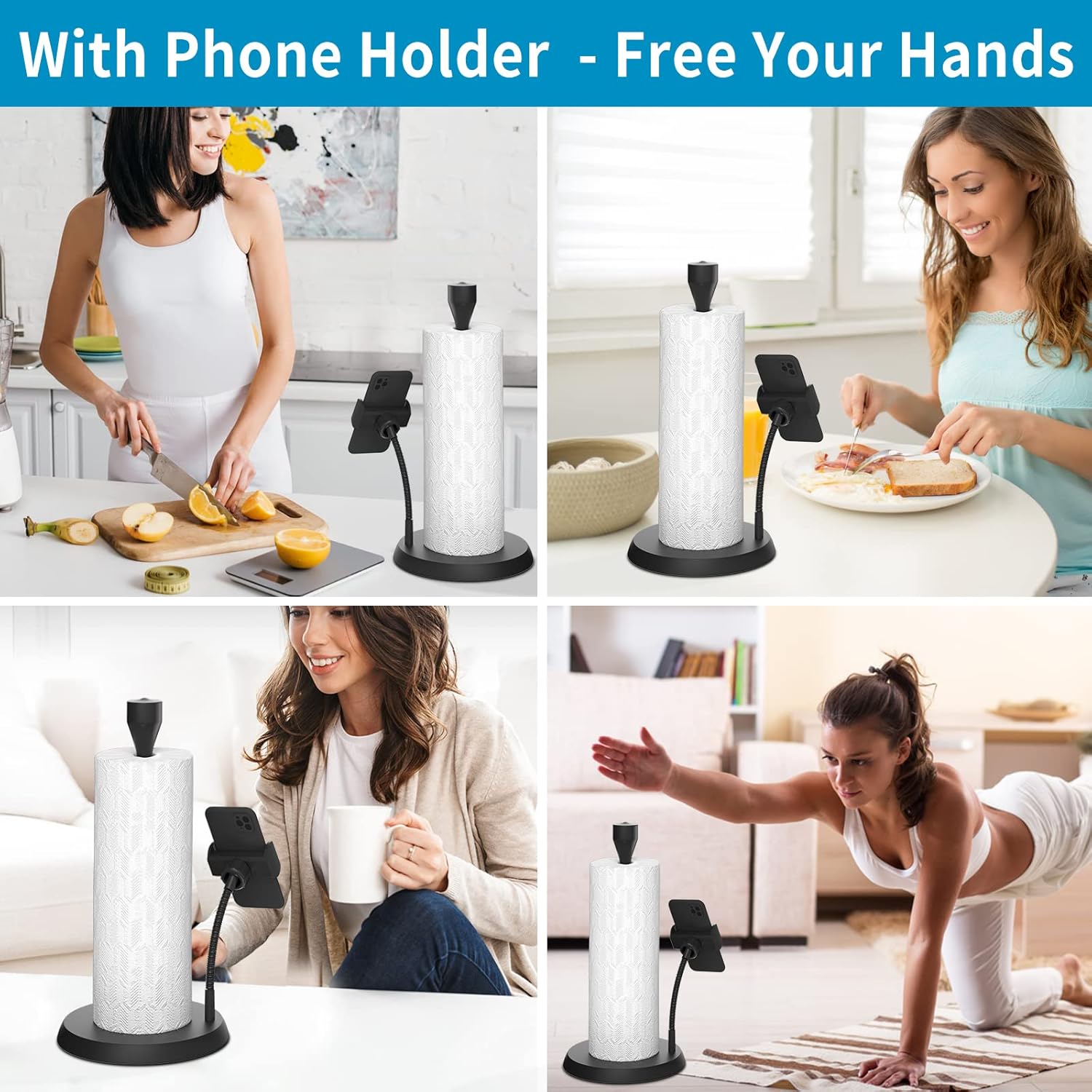 Toallero de papel negro multifunción para encimera con soporte para teléfono, soporte para toallas de papel fácil de rasgar con una mano con base