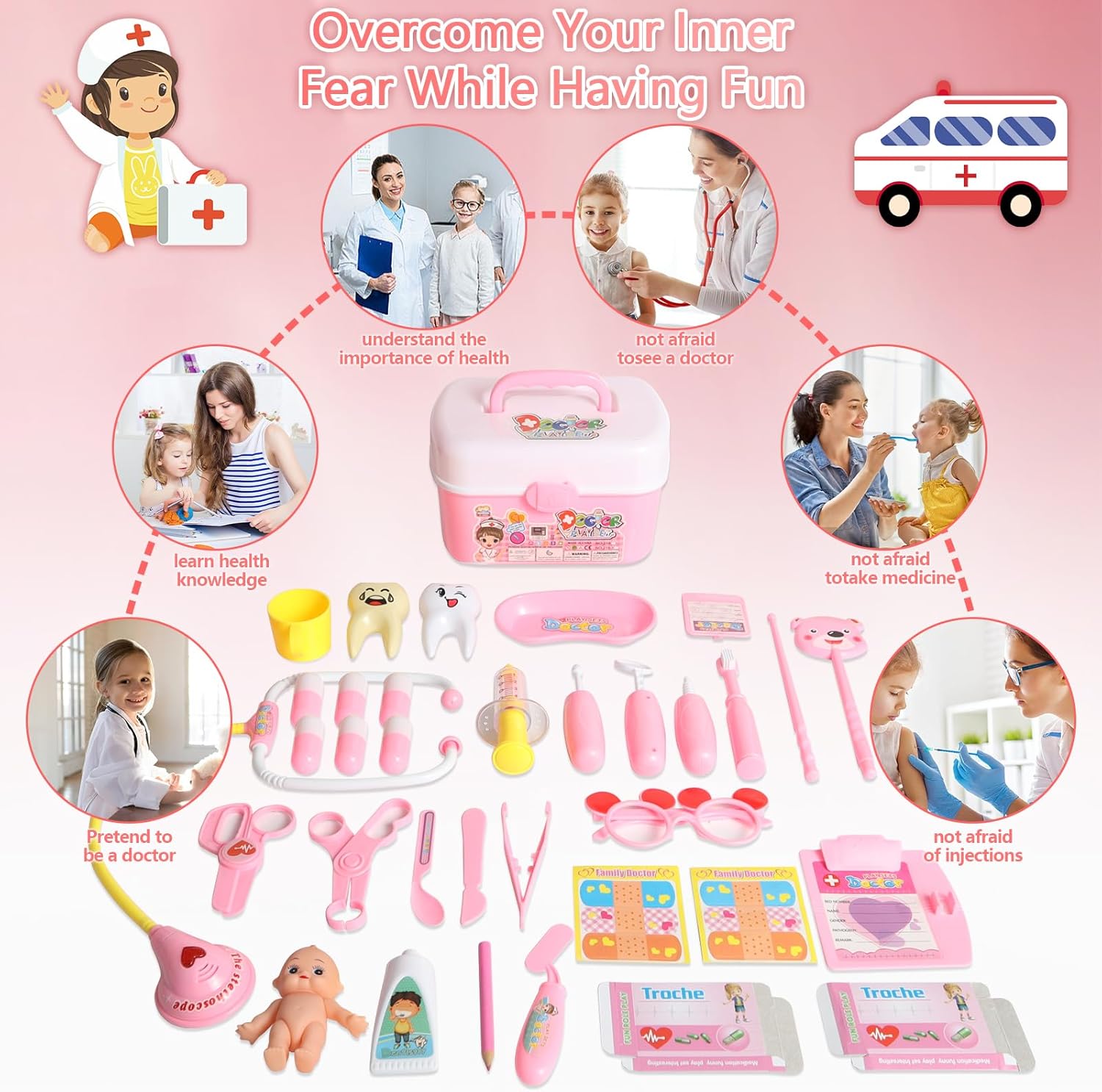 Kit de médico para niños, 40 piezas de juguetes de simulación, juego de médico rosa para niños con disfraz de médico, regalo de juego de doctor para