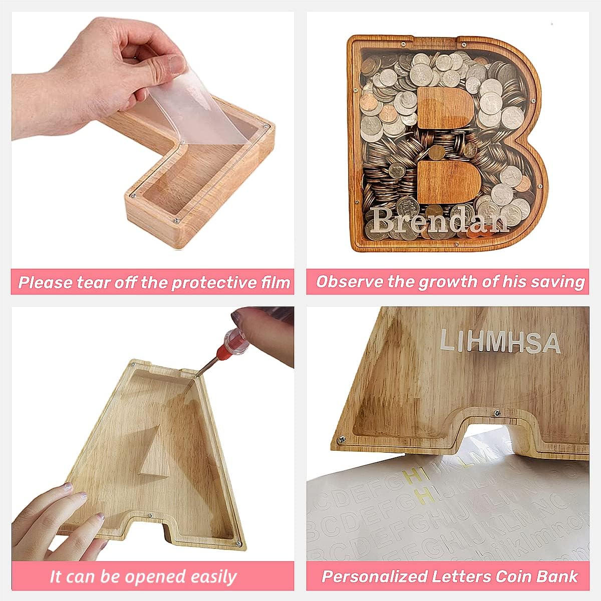 Alcancía de madera personalizada para niños y niños, alcancía con letras, idea de cumpleaños para niñas, decoración única hecha a mano para el hogar