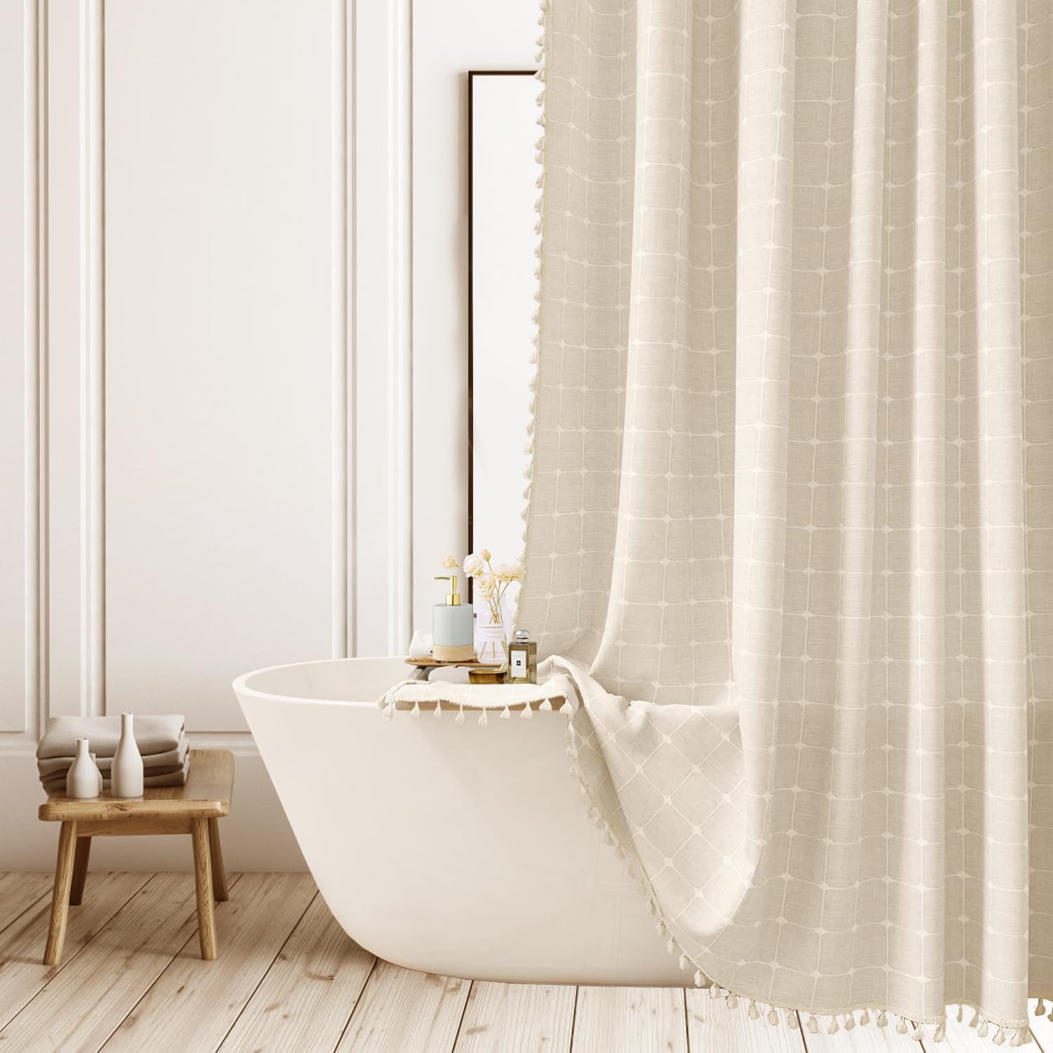 Cortina de ducha a cuadros bohemios, cortinas de ducha de tela de poliéster y lino para baño, juego de cortinas de baño pequeñas y resistentes con