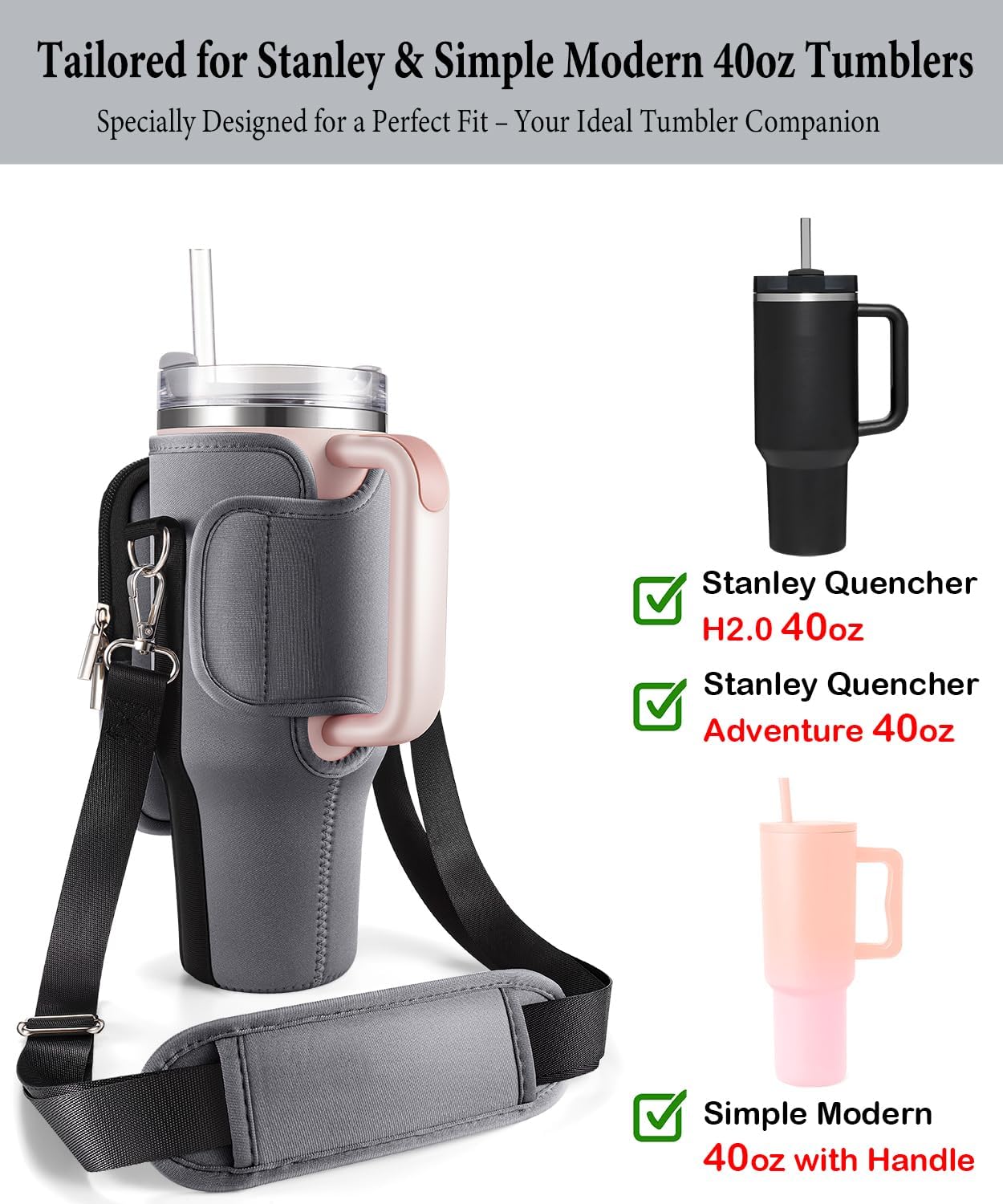 Bolsa de transporte con bolsillo para teléfono Stanley vaso de 40 onzas con asa y vaso Simple Modern de 40 onzas  Soporte para botella de agua para