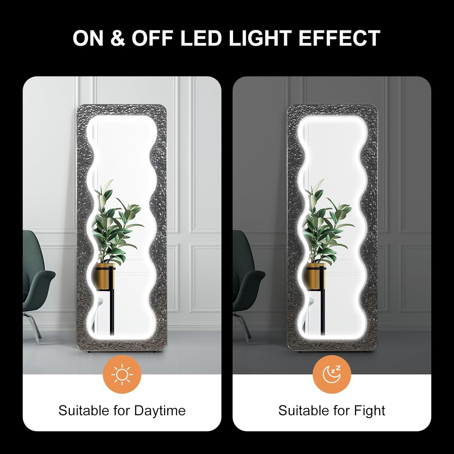 Espejo LED ondulado de longitud completa de 63 x 24 pulgadas, espejo de cuerpo completo irregular, espejo de piso arqueado ondulado, espejo de pared